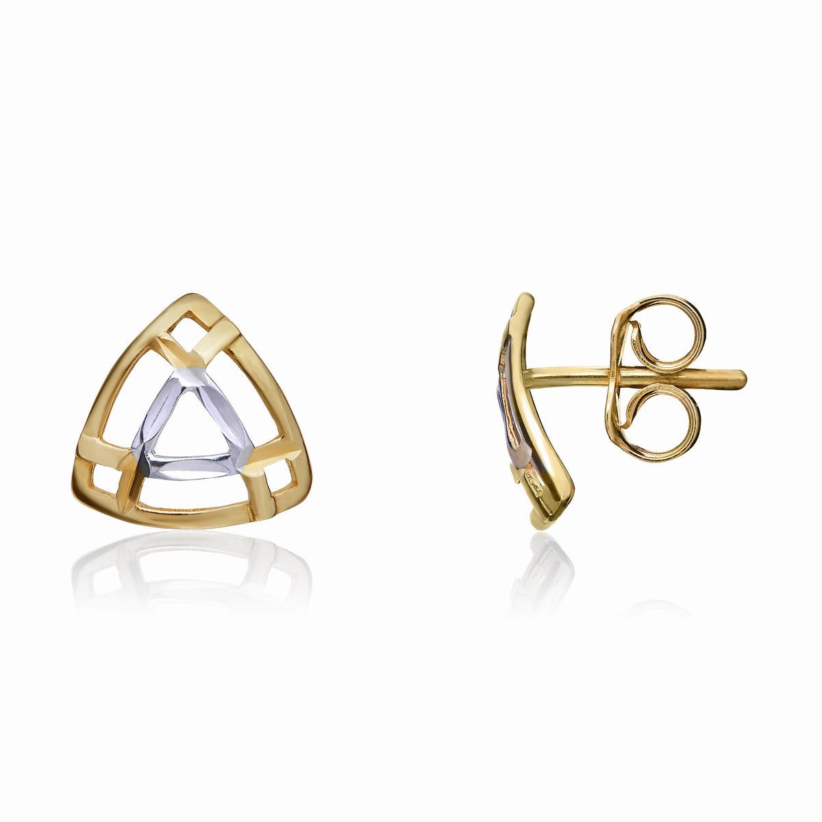9CT YELLOW AND WHITE GOLD LATTICE DESIGN TRIANGLE STUD EARRINGS