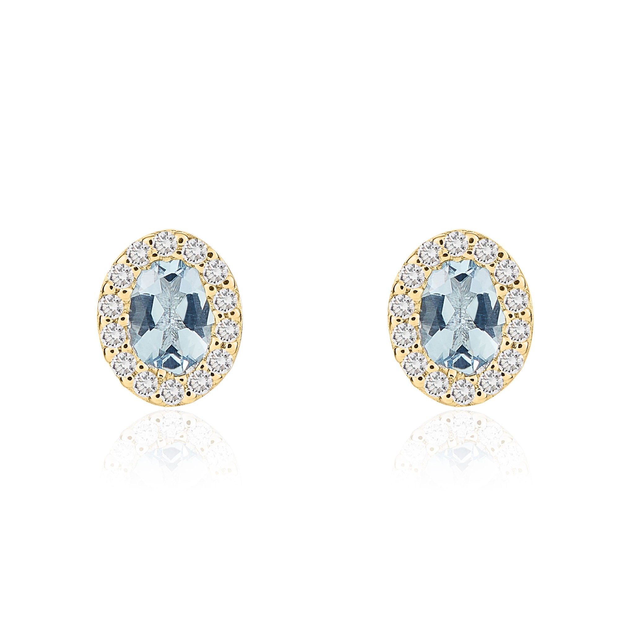 18CT YG 4X3 OVAL AQUAMARINE & DIAMOND MICROSET CLUSTER EARRINGS
