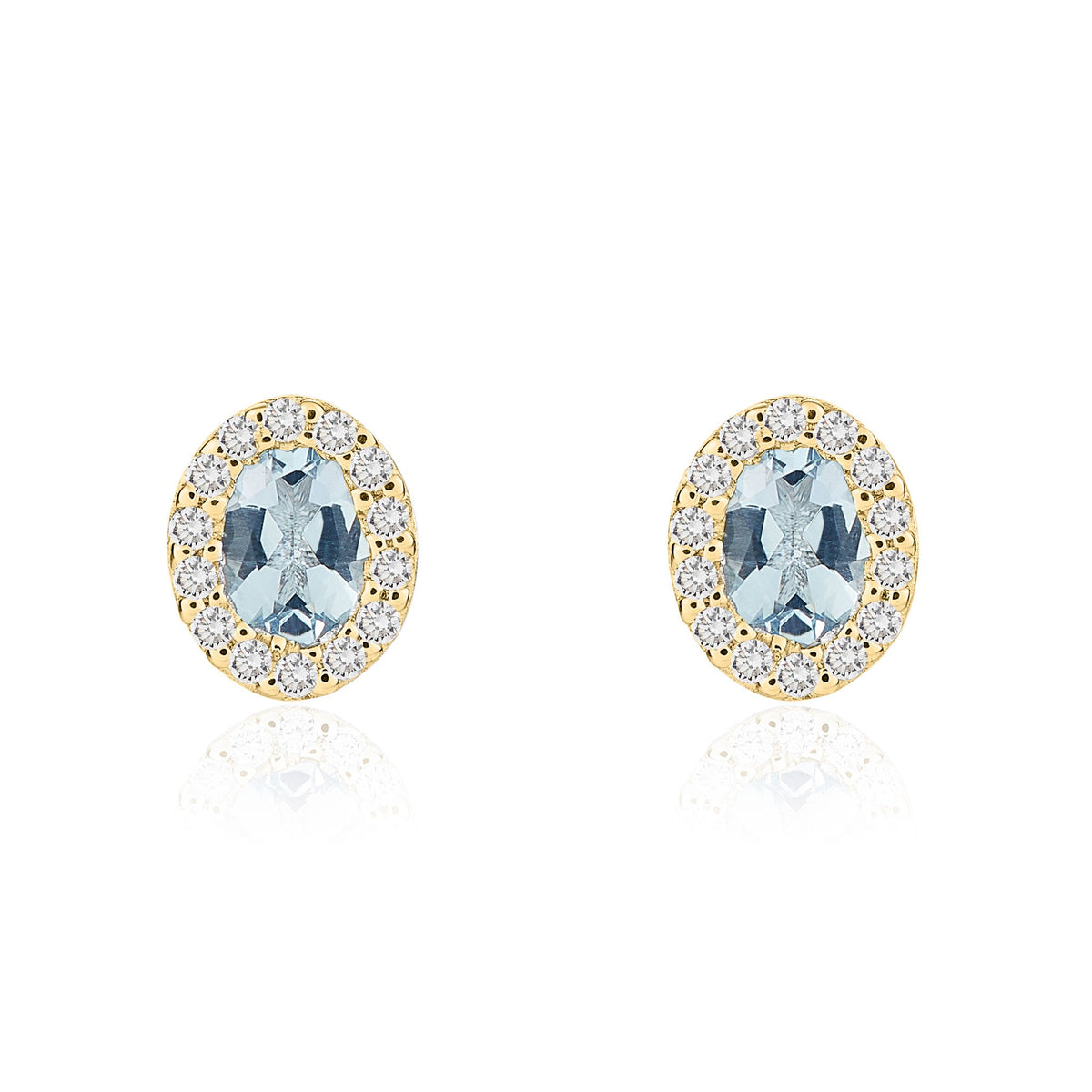 18CT YG 4X3 OVAL AQUAMARINE & DIAMOND MICROSET CLUSTER EARRINGS
