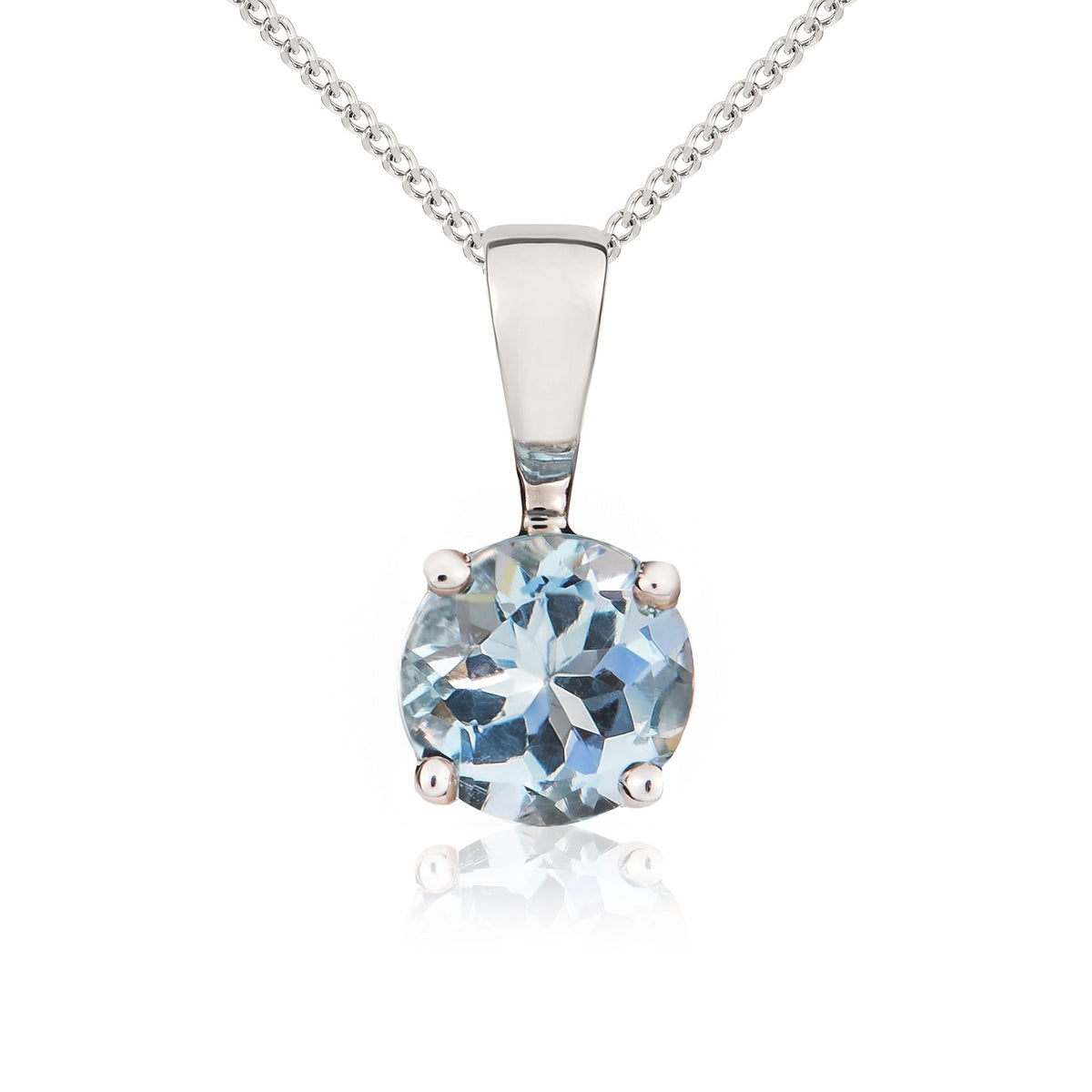 9CT WG 5MM ROUND AQUA 4 CLAW PENDANT