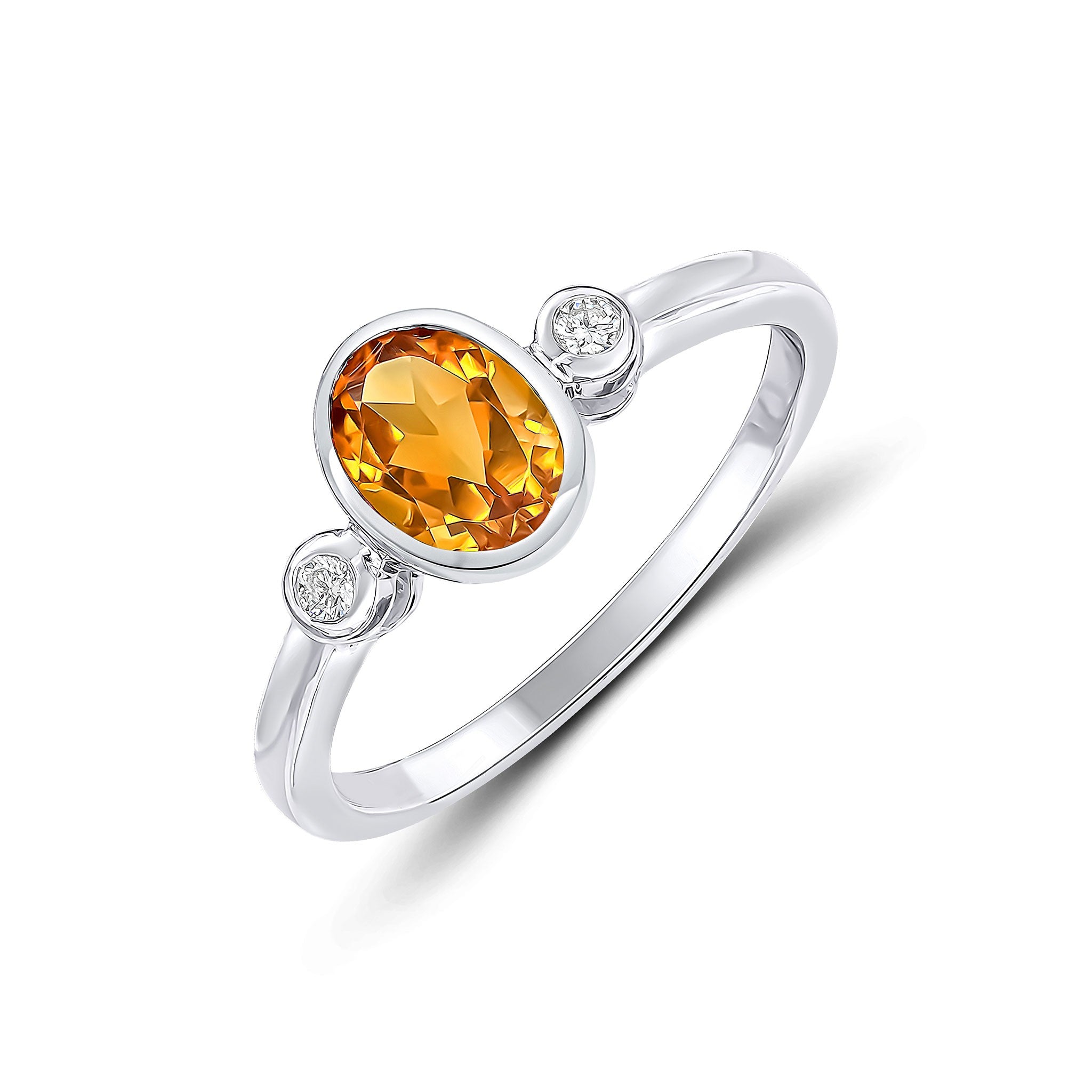 9CT WG 7X5 OVAL CITRINE AND ROUND DIAMOND 3ST RUBOVER RING