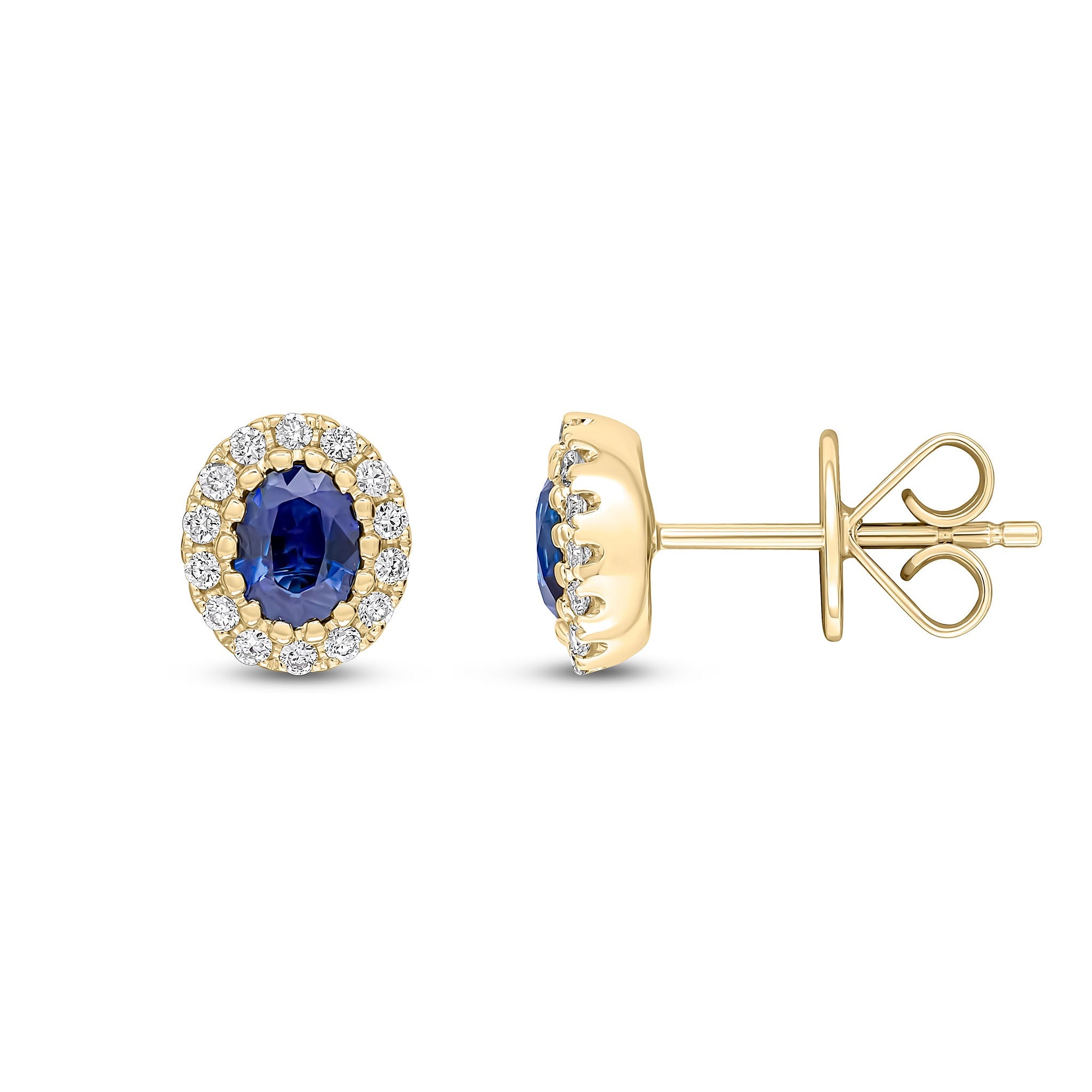 18CT YG 5X4 OVAL SAPPHIRE & DIAMOND CLAW SET CLUSTER EARRINGS