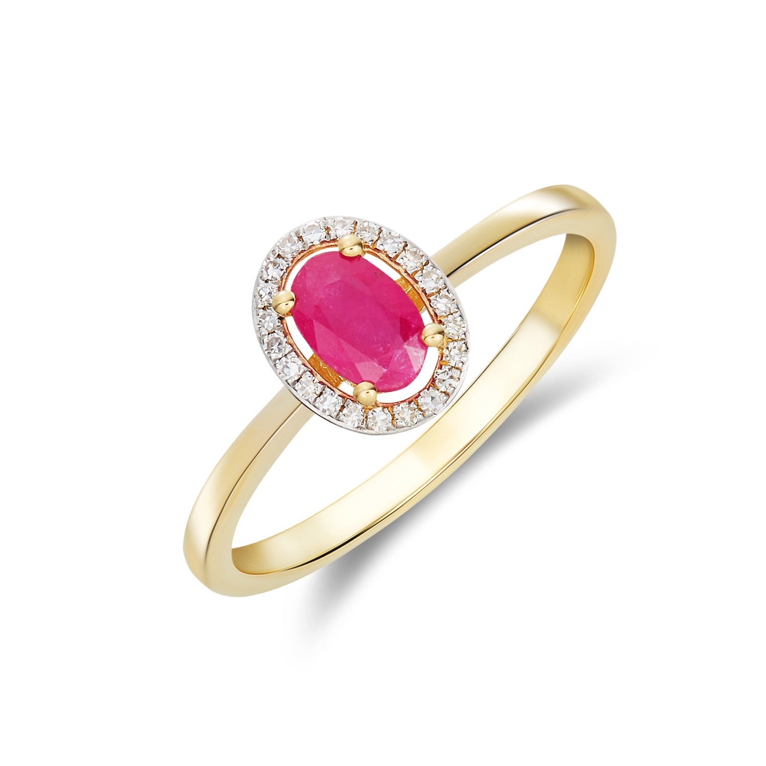 9CT YG 6X4 OVAL RUBY AND ROUND DIAMOND HALO CLUSTER RING. RHODIUM TO DIAMONDS