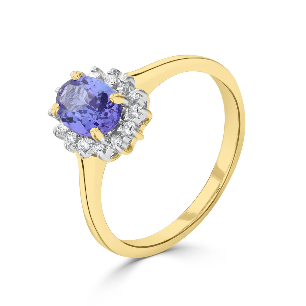 9CT YG 7X5 OVAL TANZANITE & DIAMOND CLAW CLUSTER RING. RHOIUM TO DIAMONDS