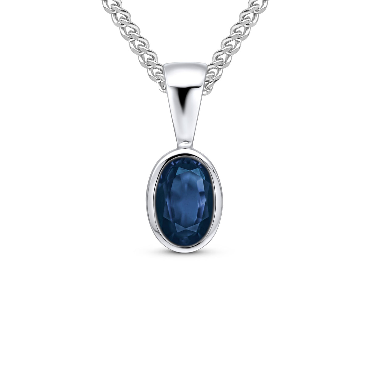 9CT WG 6X4 OVAL SAPPHIRE RUBOVER SET PENDANT