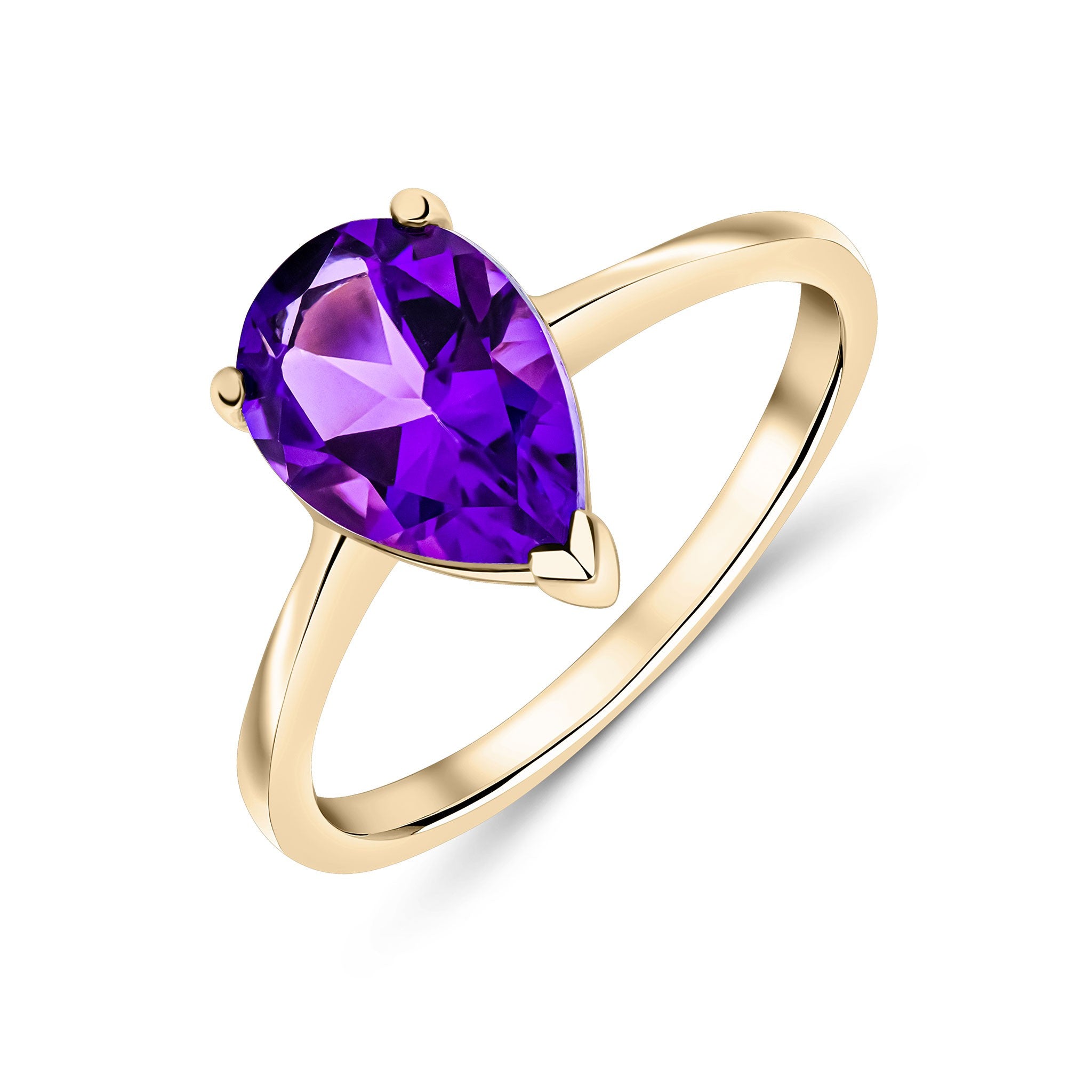 9CT YG 10X7MM PEARSHAPE AMETHYST CLAW SINGLE STONE RING