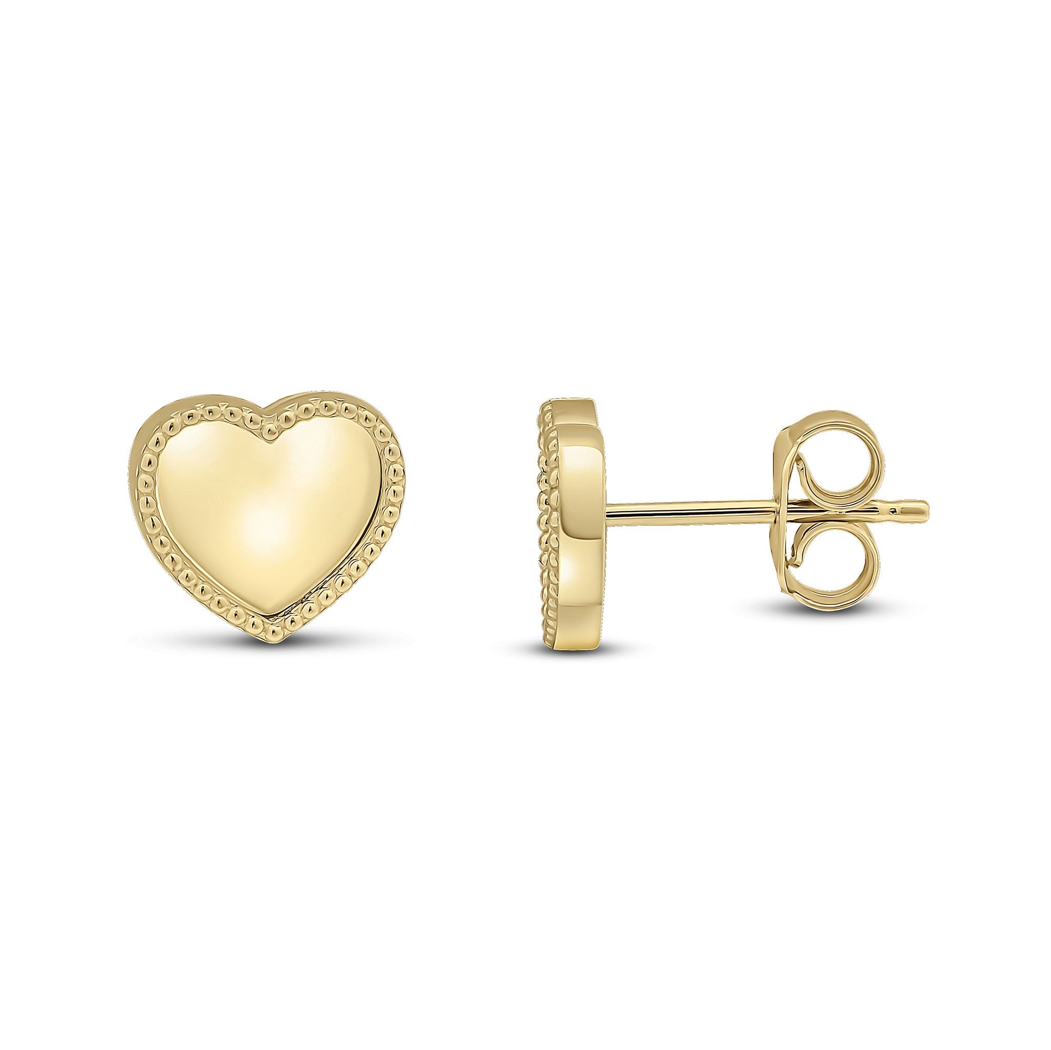 9CT YELLOW GOLD PLAIN HEART STUD EARRINGS WITH BEADED EDGE. LARGE