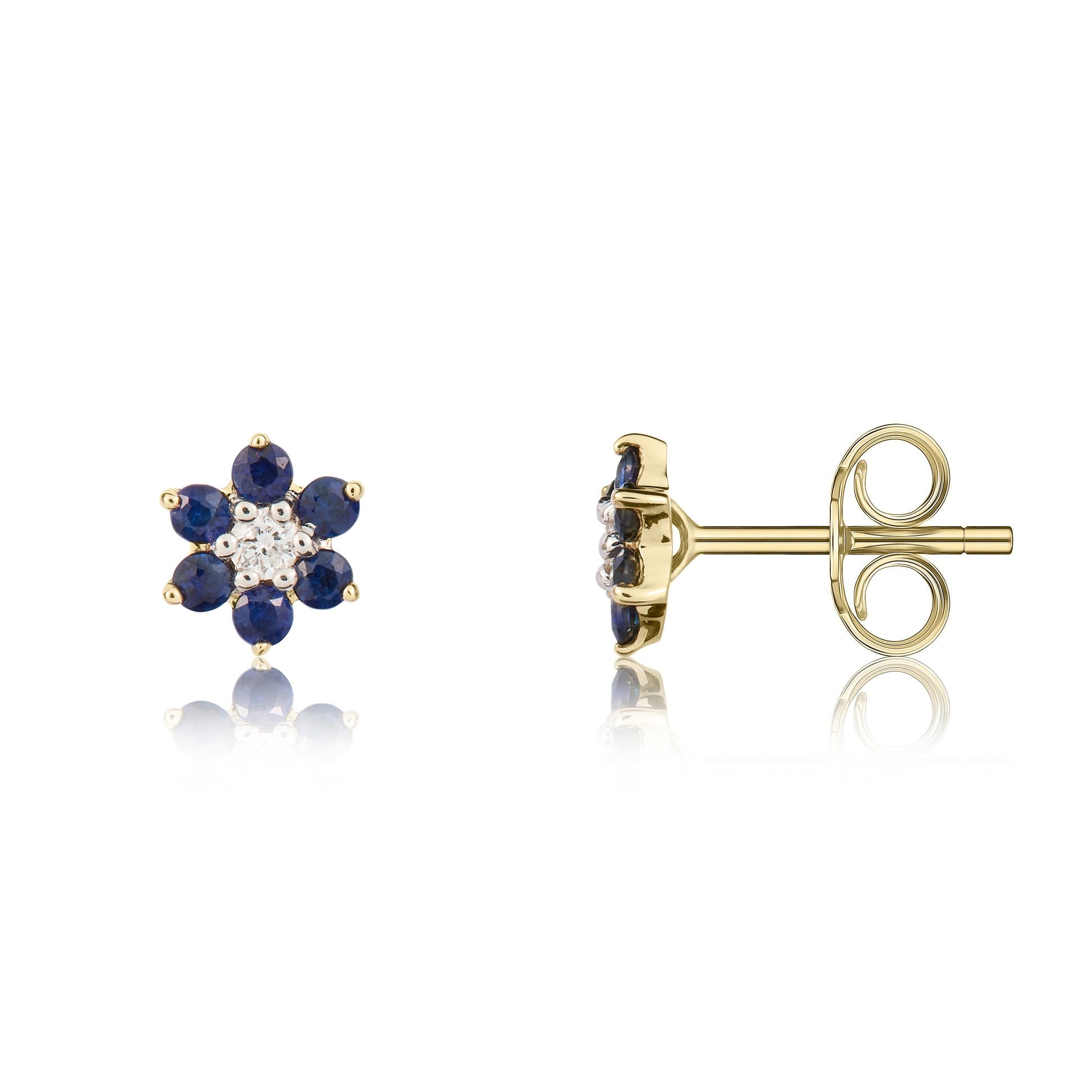 9CT YG ROUND SAPPHIRE AND DIAMOND CLAW SET REVERSE CLUSTER EARRINGS