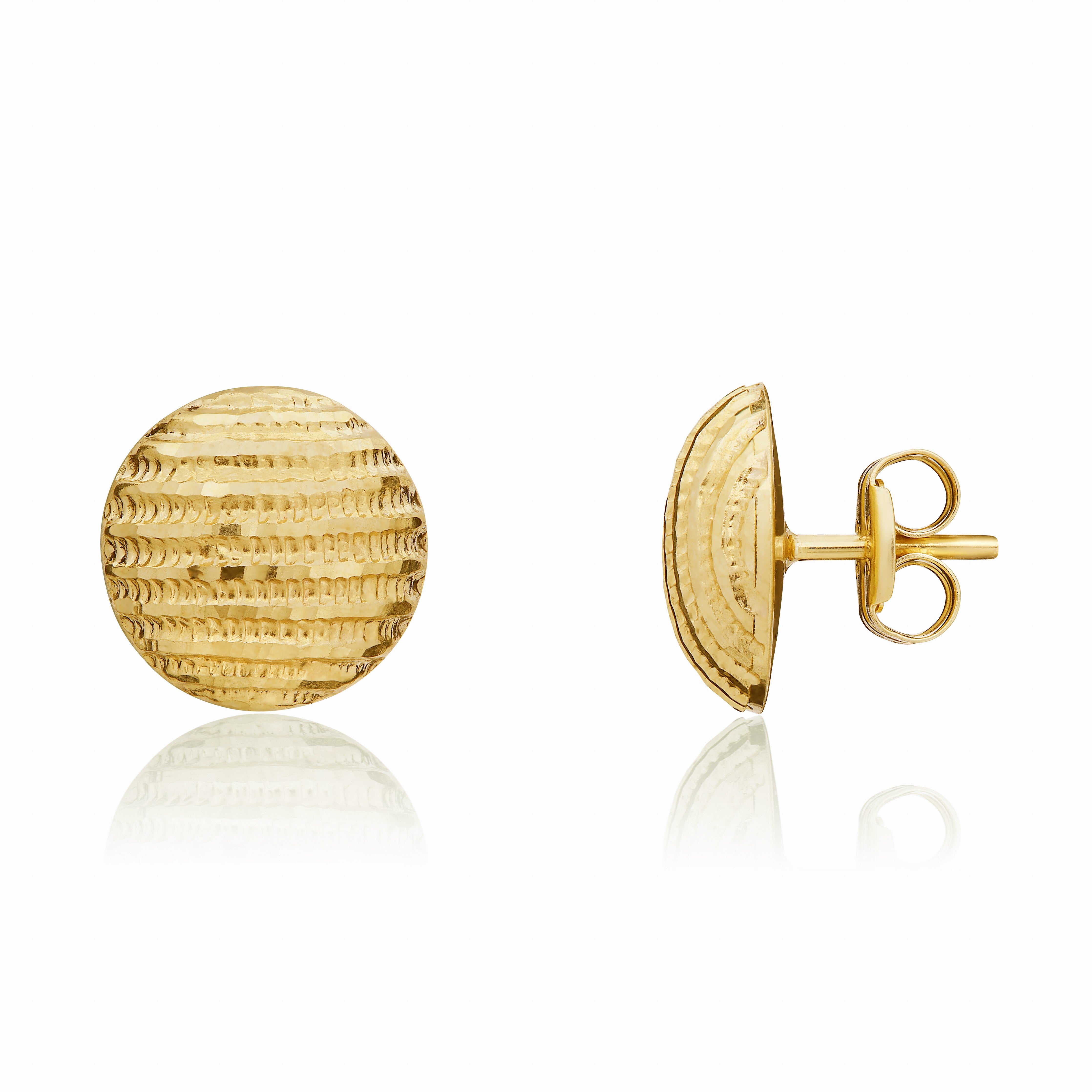 9CT YELLOW GOLD DIAMOND CUT STRIPED 10MM DOMED STUD EARRINGS