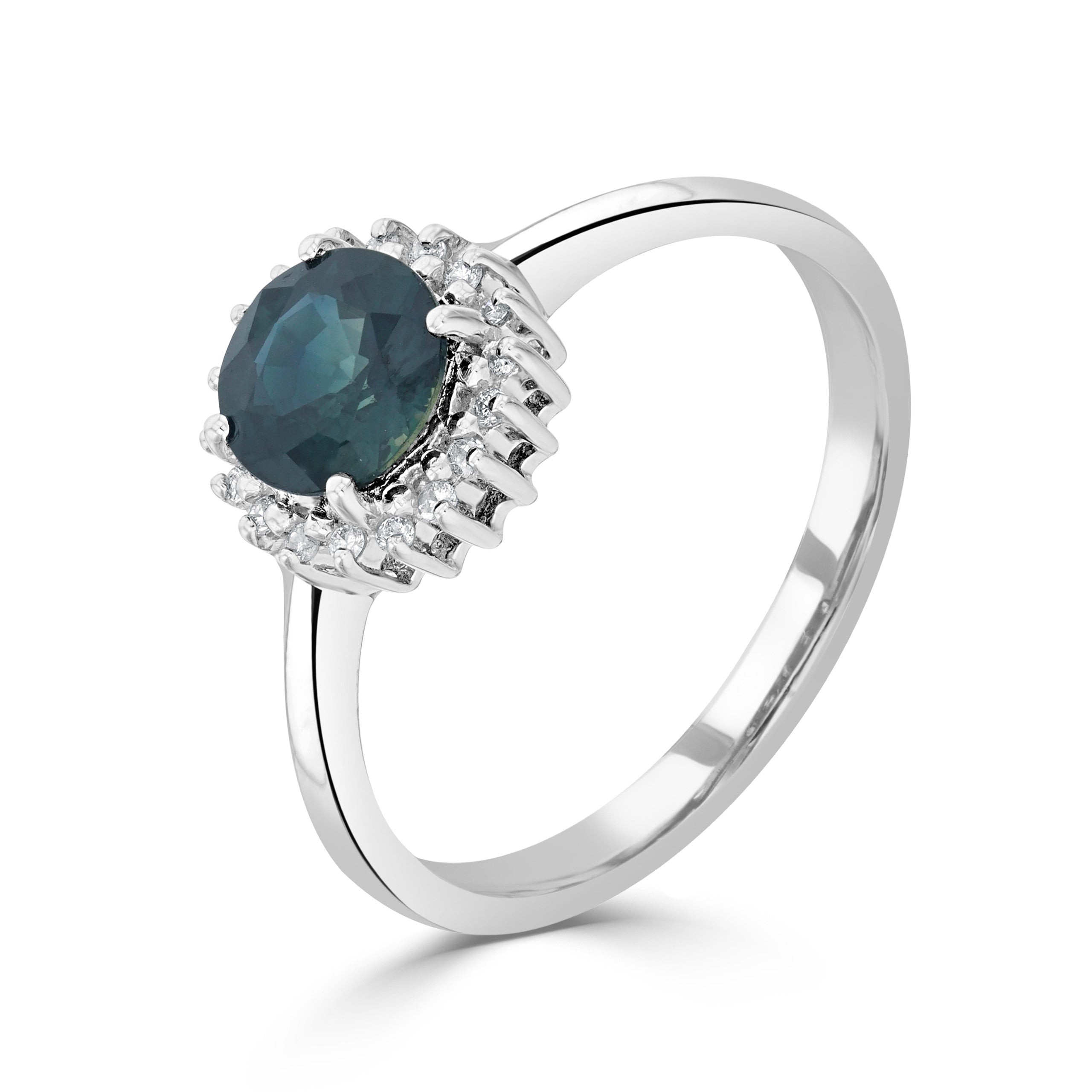 9CT WG 6MM ROUND SAPPHIRE & DIAMOND CLAW SET CLUSTER RING