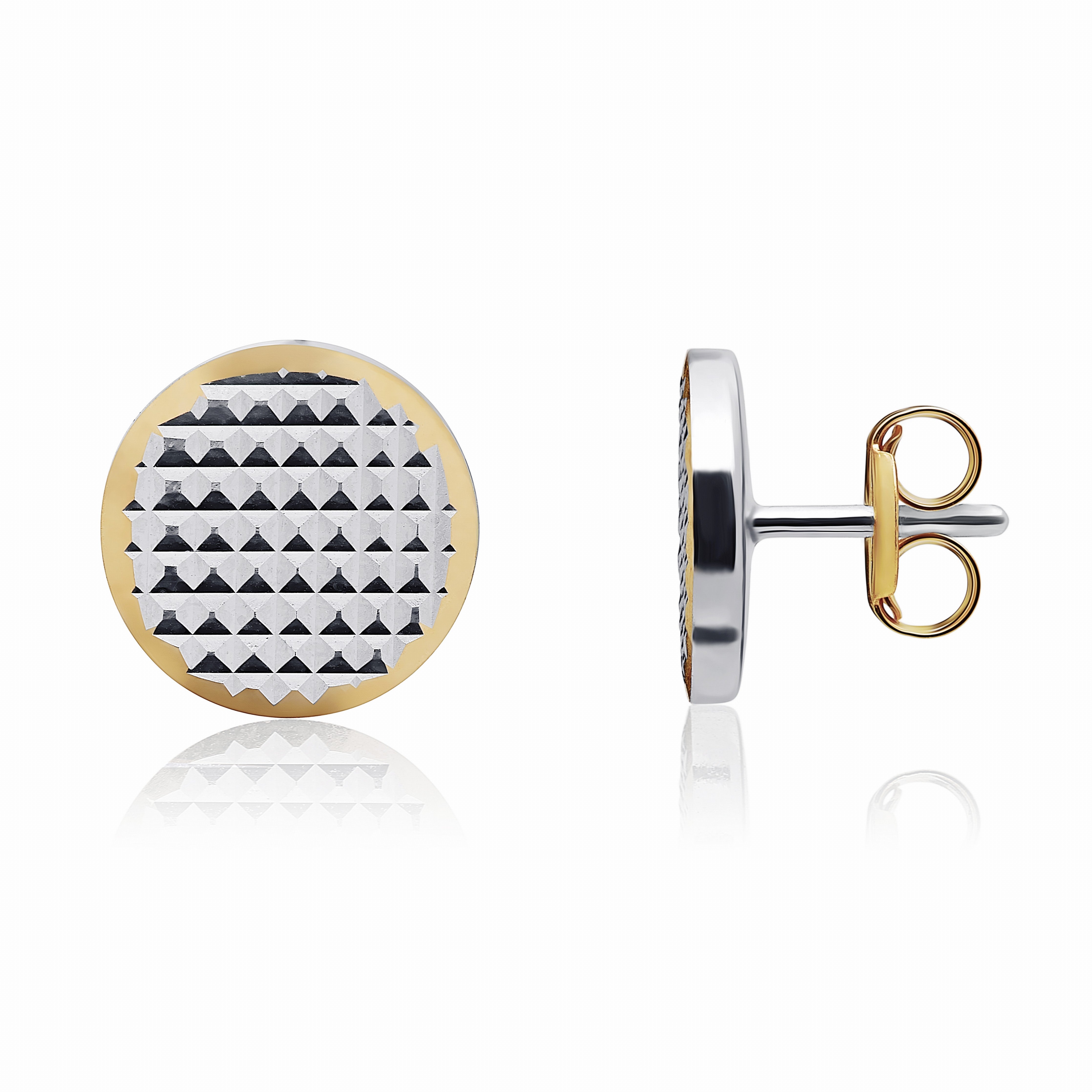 18CT WG ENGINE-TURNED 8.5MM FLAT DISC STUD EARRINGS WITH YG POLISHED BEVELLED EDGE