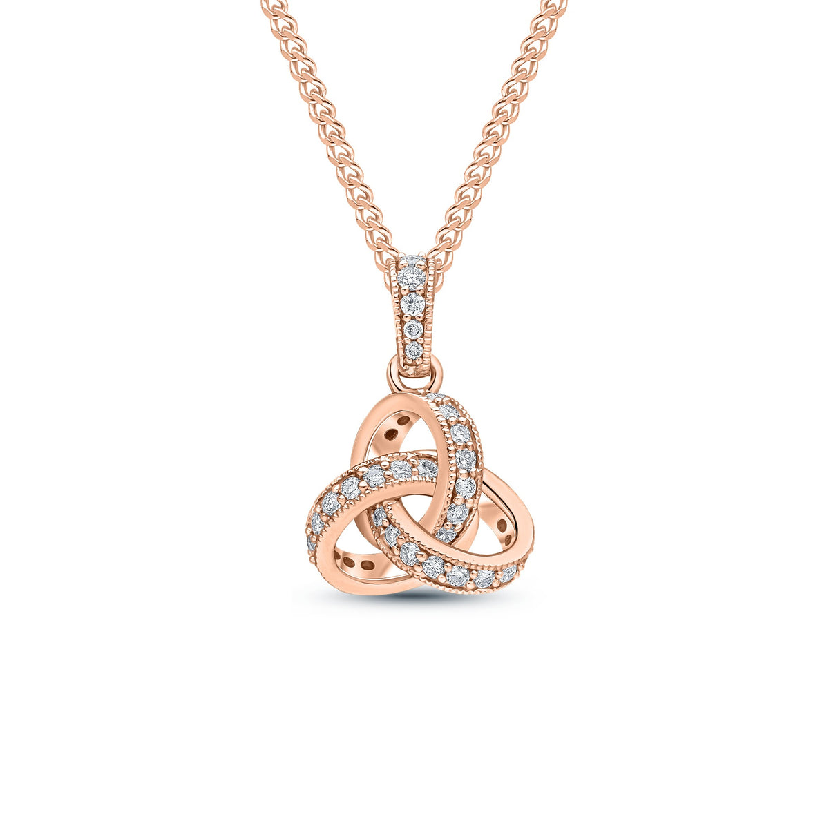 18CT ROSE GOLD ROUND DIAMOND GRAIN SET KNOT PENDANT WITH DIAMOND SET LOOP TOP SMALL