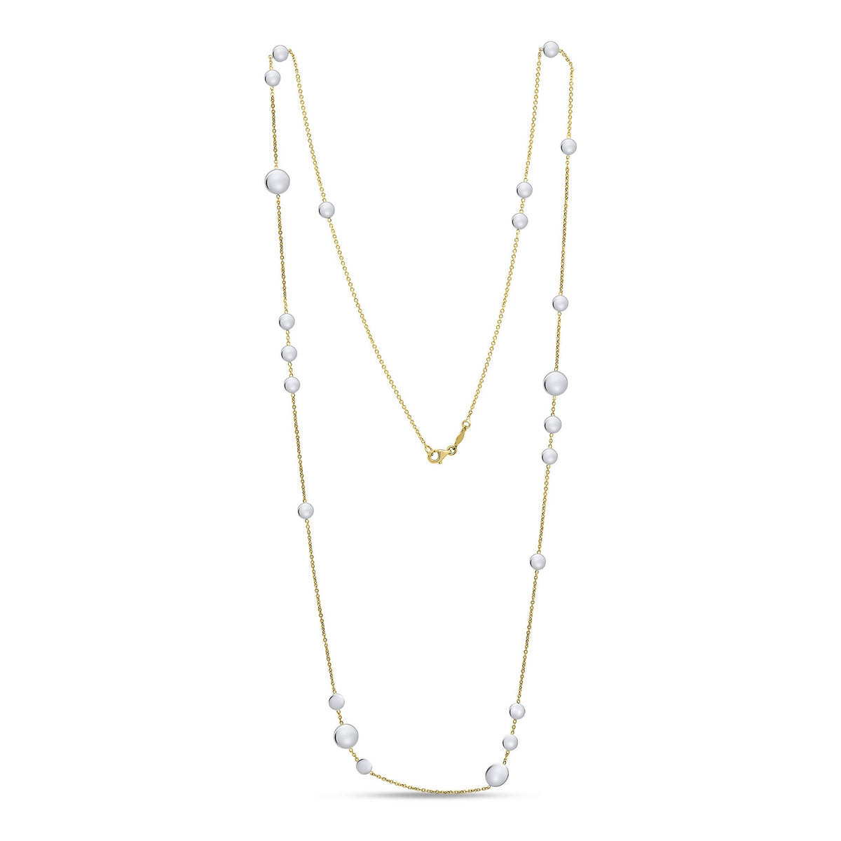 9CT YG CHAIN NECKLACE WITH WHITE GOLD POLISHED FLAT DISCS. 32 INCHES