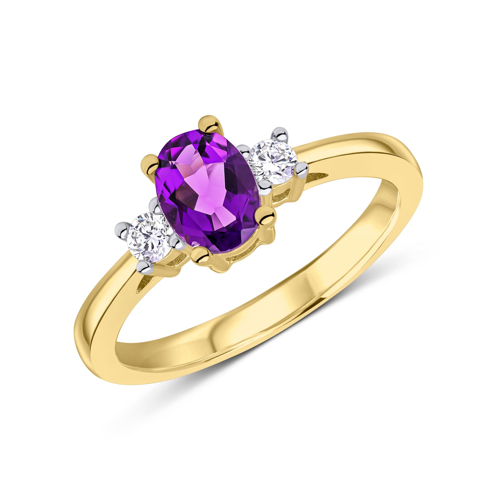 9CT YG 7X5 OVAL AMETHYST AND ROUND DIAMOND CLAW SET 3ST RING. RHODIUM TO DIAMONDS