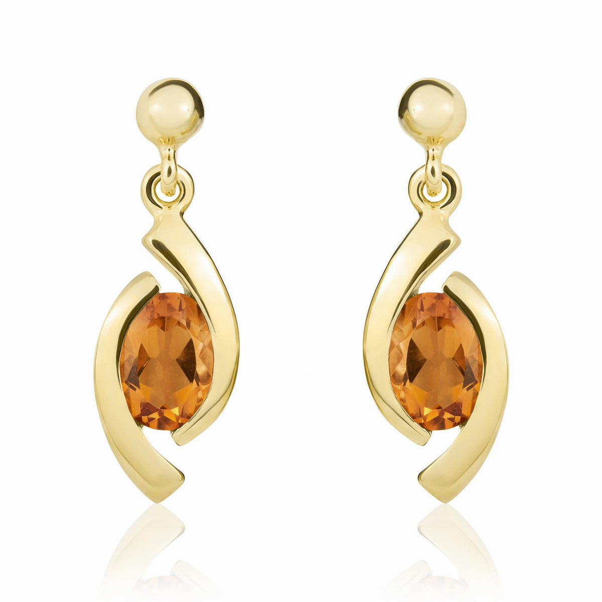 9CT YG OVAL CITRINE 'EYE' DROP EARRINGS WITH 3MM BEAD TOP
