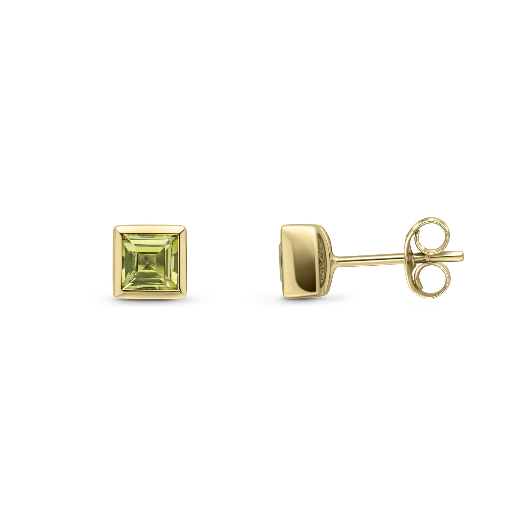 9CT YG 3MM SQUARE PERIDOT RUBOVER SET EARRINGS