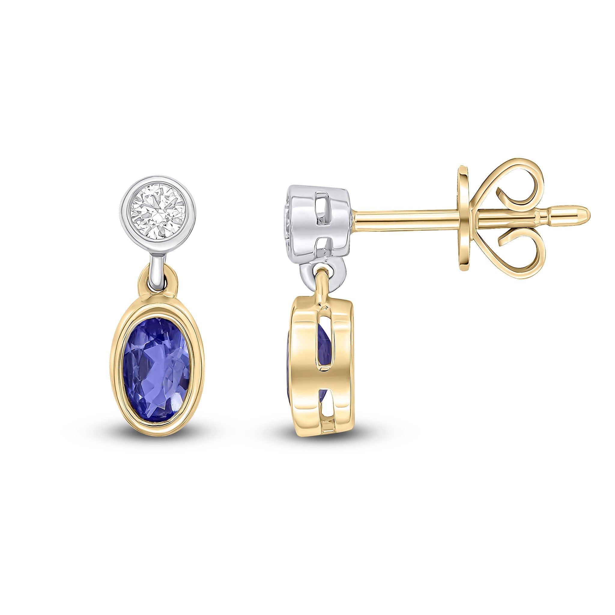 18CT YWG OVAL TANZANITE AND ROUND DIAMOND 2ST RUBOVER DROP EARRINGS