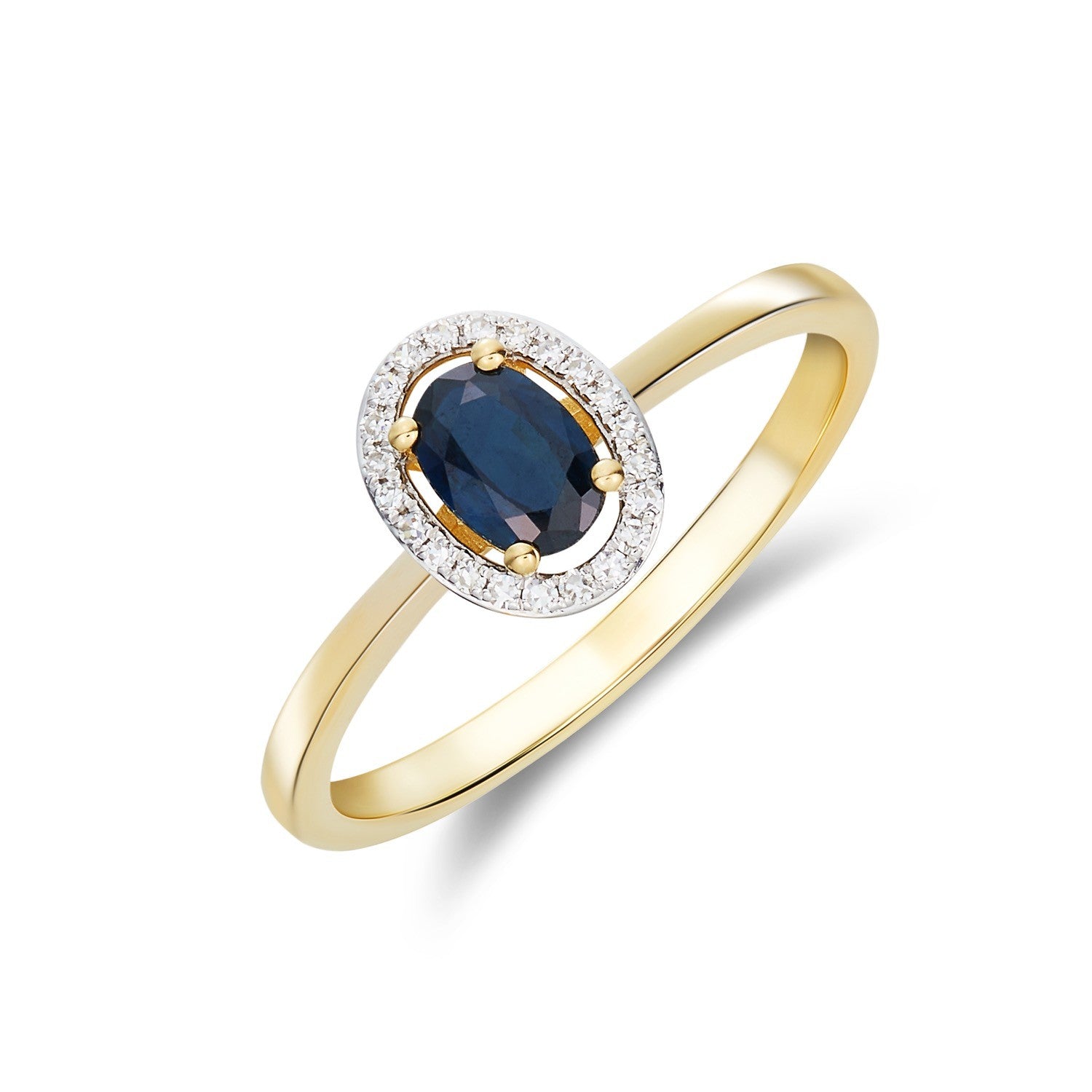 9CT YG 6X4 OVAL SAPPHIRE AND ROUND DIAMOND HALO CLUSTER RING. RHODIUM TO DIAMONDS