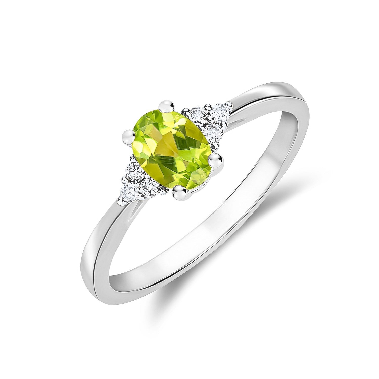 9CT WG 7X5 OVAL PERIDOT & DIAMOND TREFOIL SHOULDERS RING
