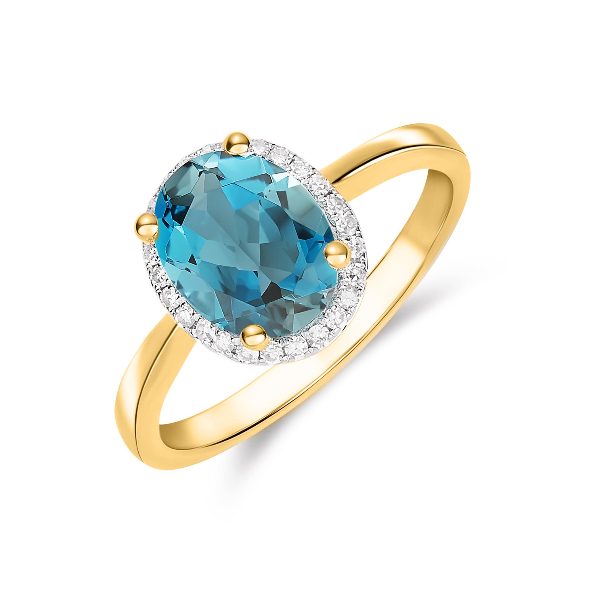 9CT YG 9X7 OVAL LONDON BLUE TOPAZ AND DIAMOND CLAW SET CLUSTER RING. RHODIUM TO DIAMONDS