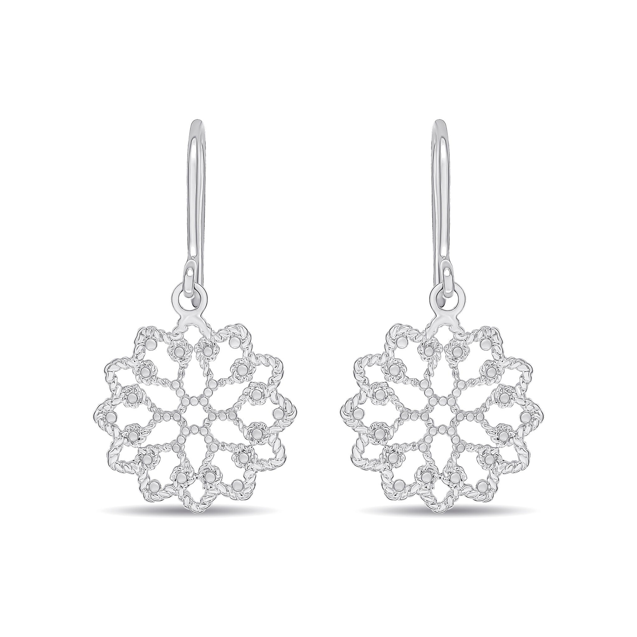 9CT WHITE GOLD ROUND FLOWER FILLIGREE DROP EARRINGS WITH SHEPHERDS HOOK FITTING