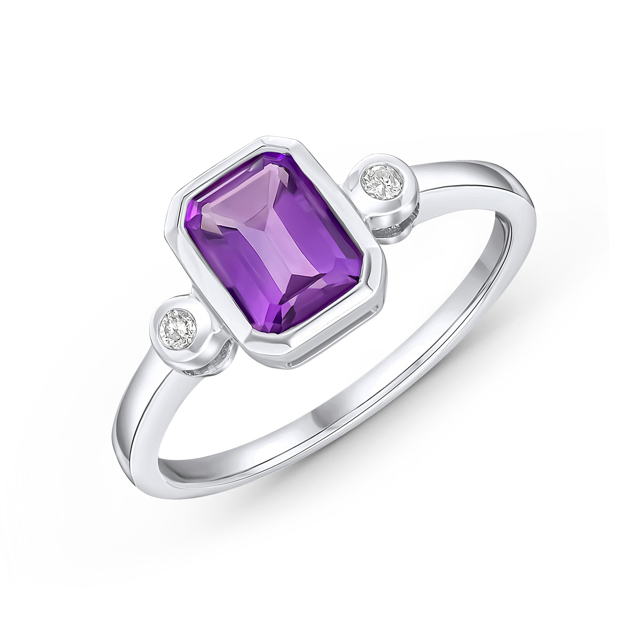 9CT WG 7X5 OCTAGON AMETHYST AND ROUND DIAMOND 3 STONE RUBOVER RING