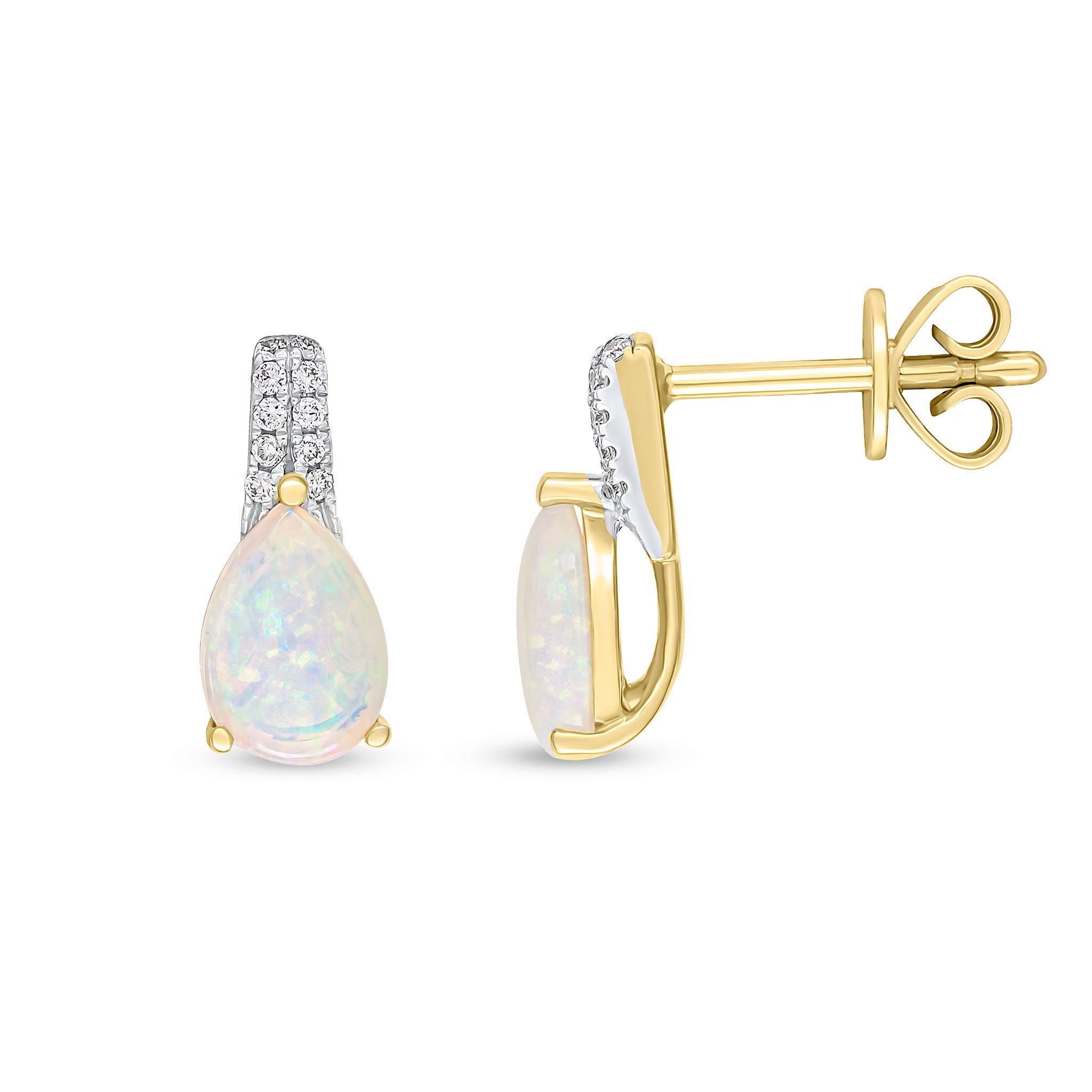 18CT YELLOW GOLD CLAW SET PEARSHAPE OPAL & GRAIN SET ROUND DIAMOND BAR TOP DROP EARRINGS