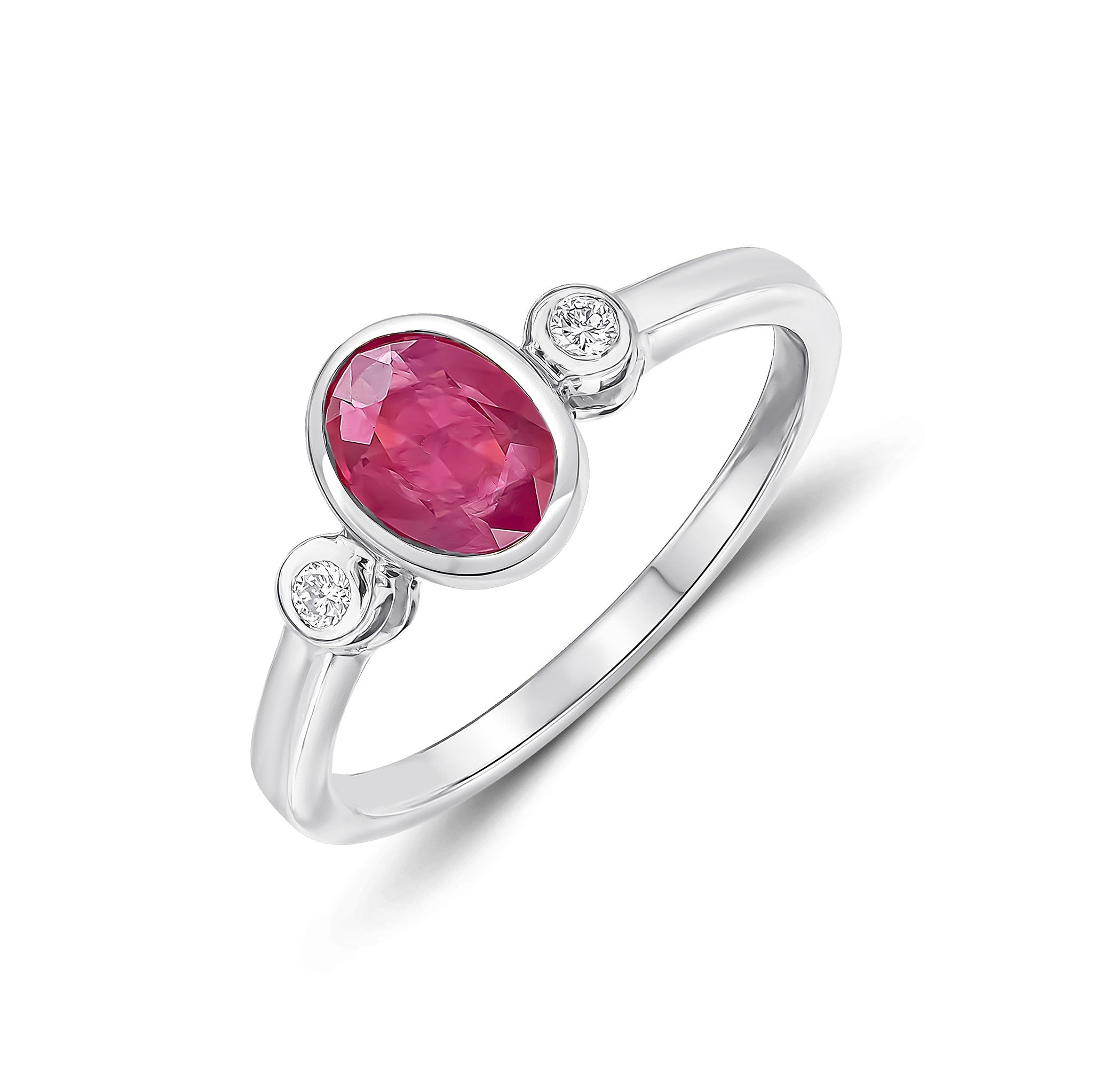 9CT WG 7X5 OVAL RUBY AND ROUND DIAMOND 3ST RUBOVER RING
