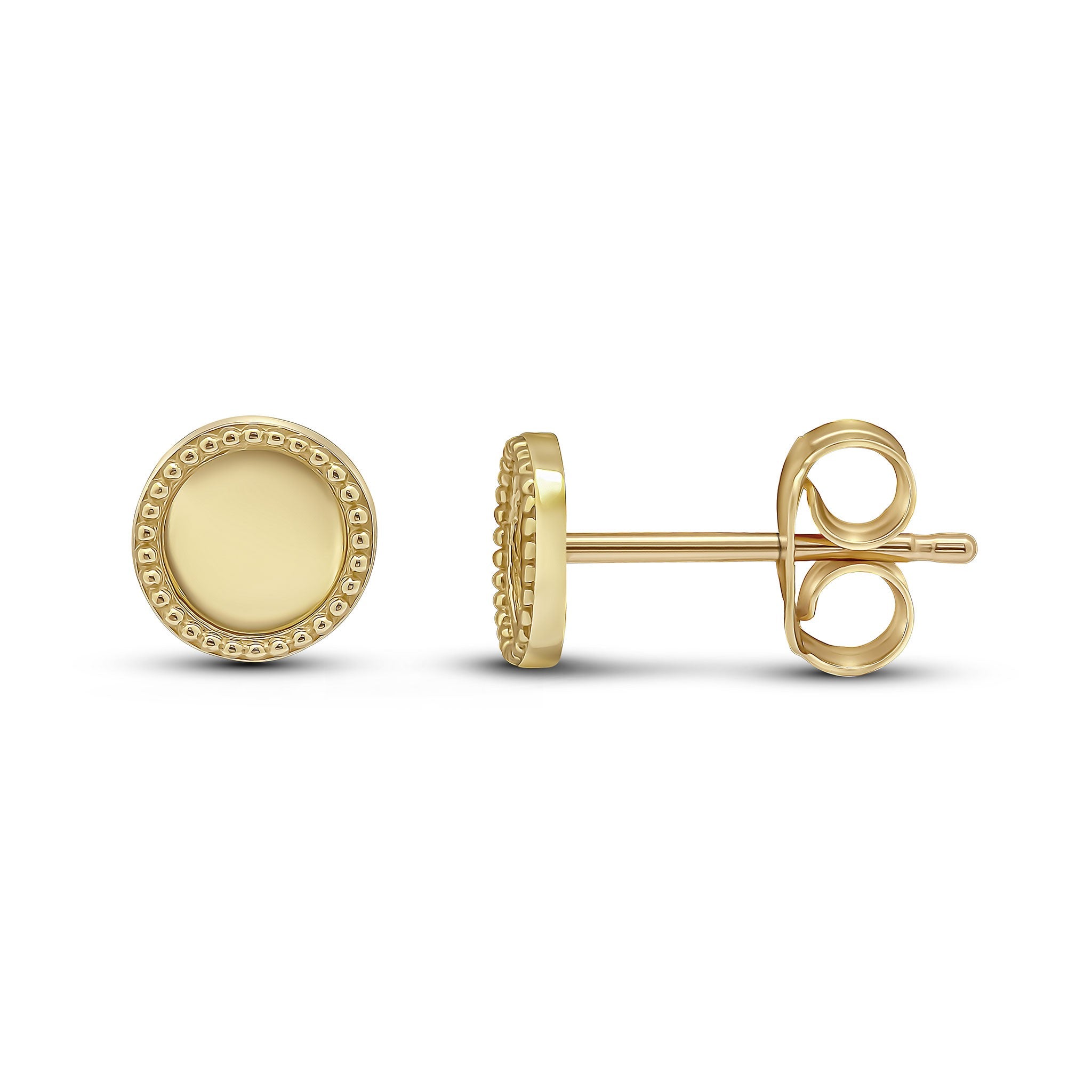 9CT YELLOW GOLD PLAIN CIRCLE STUD EARRINGS WITH BEADED EDGE.SMALL