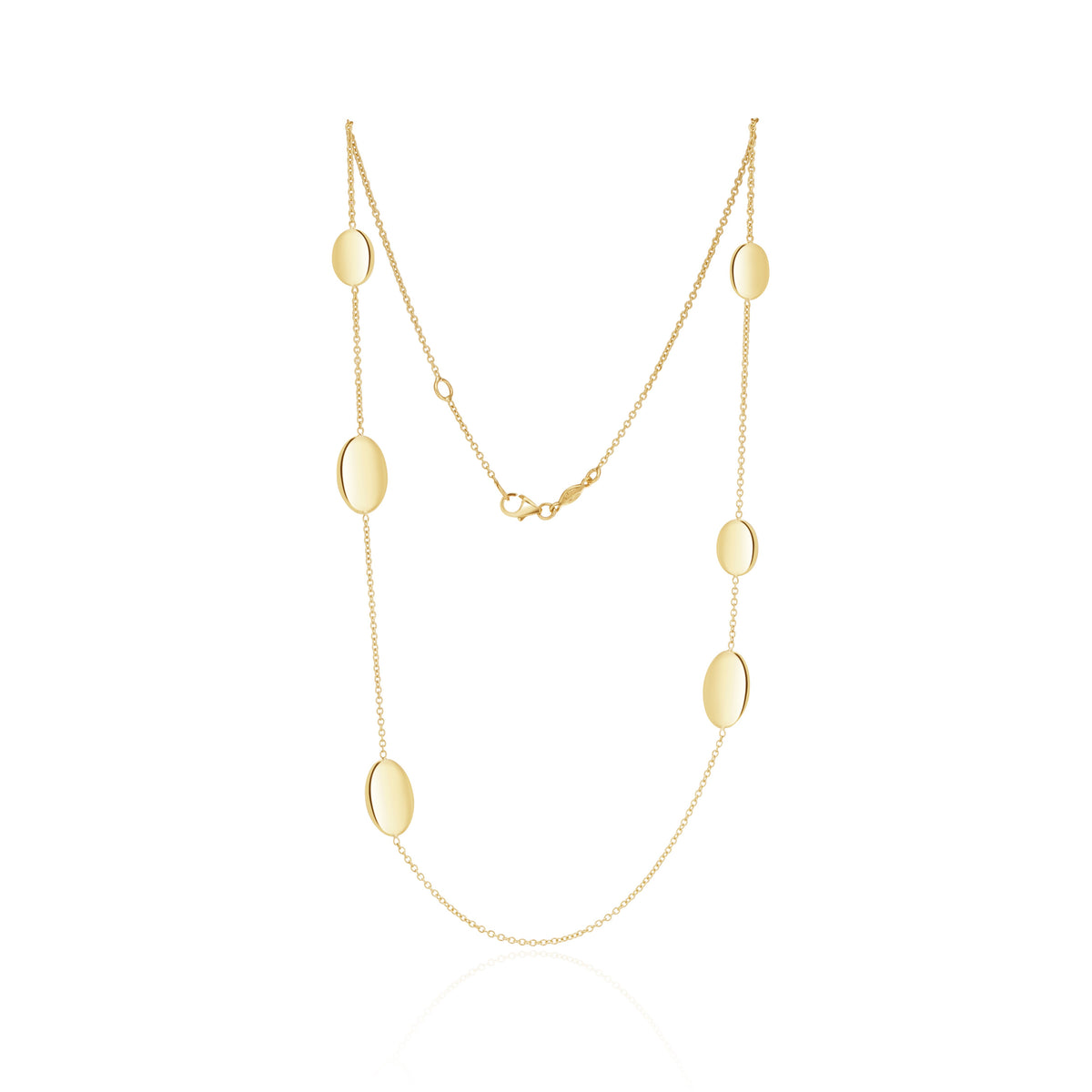 9CT YG CHAIN & FLAT POLISHED OVAL DISCS NECKLACE. 18 INCH