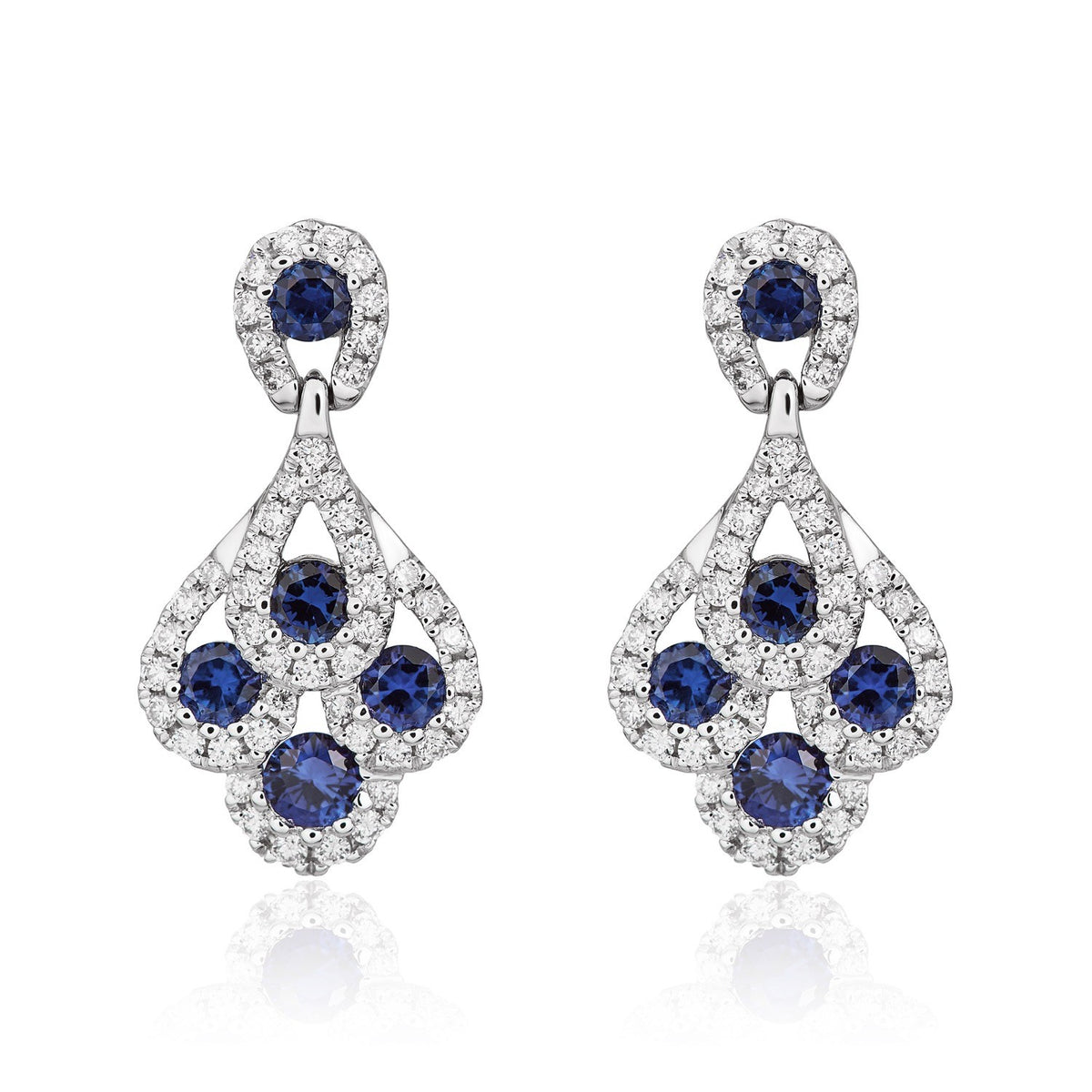 18CT WHITE GOLD ROUND SAPPHIRE & DIAMOND 'PEACOCK' DROP EARRINGS