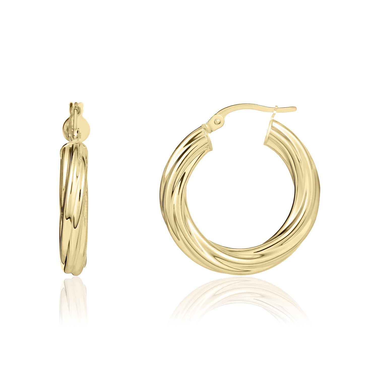 18CT YG 3MM TWISTED ROUND HOOP EARRINGS. 21MM OUTER DIAMETER