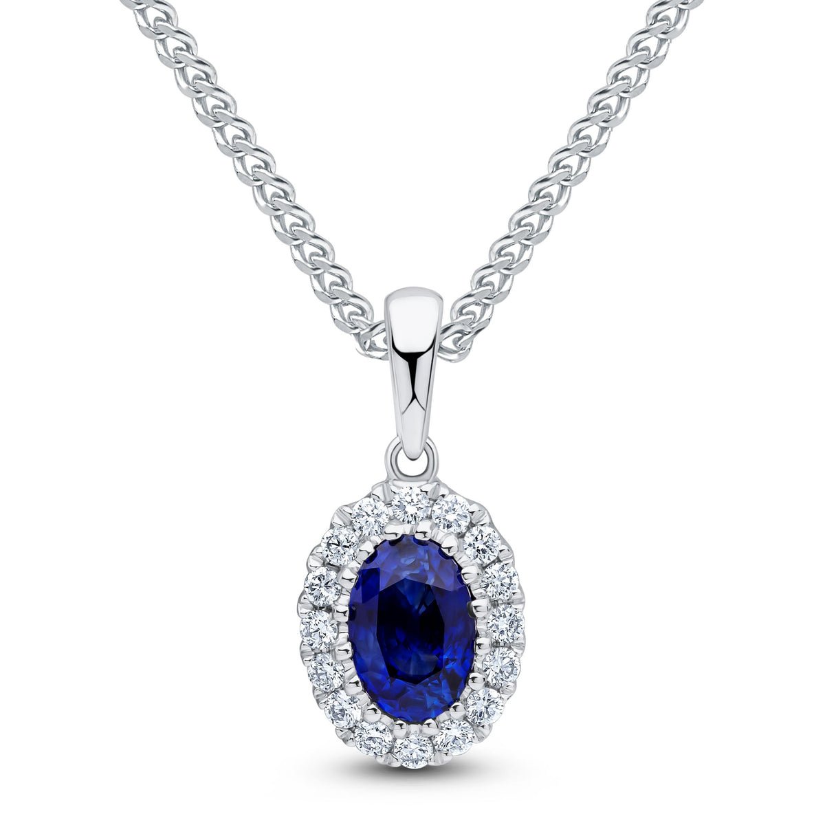 18CT WG 6X4 OVAL SAPPHIRE AND ROUND DIAMOND CLAW CLUSTER PENDANT WITH PLAIN LOOP TOP