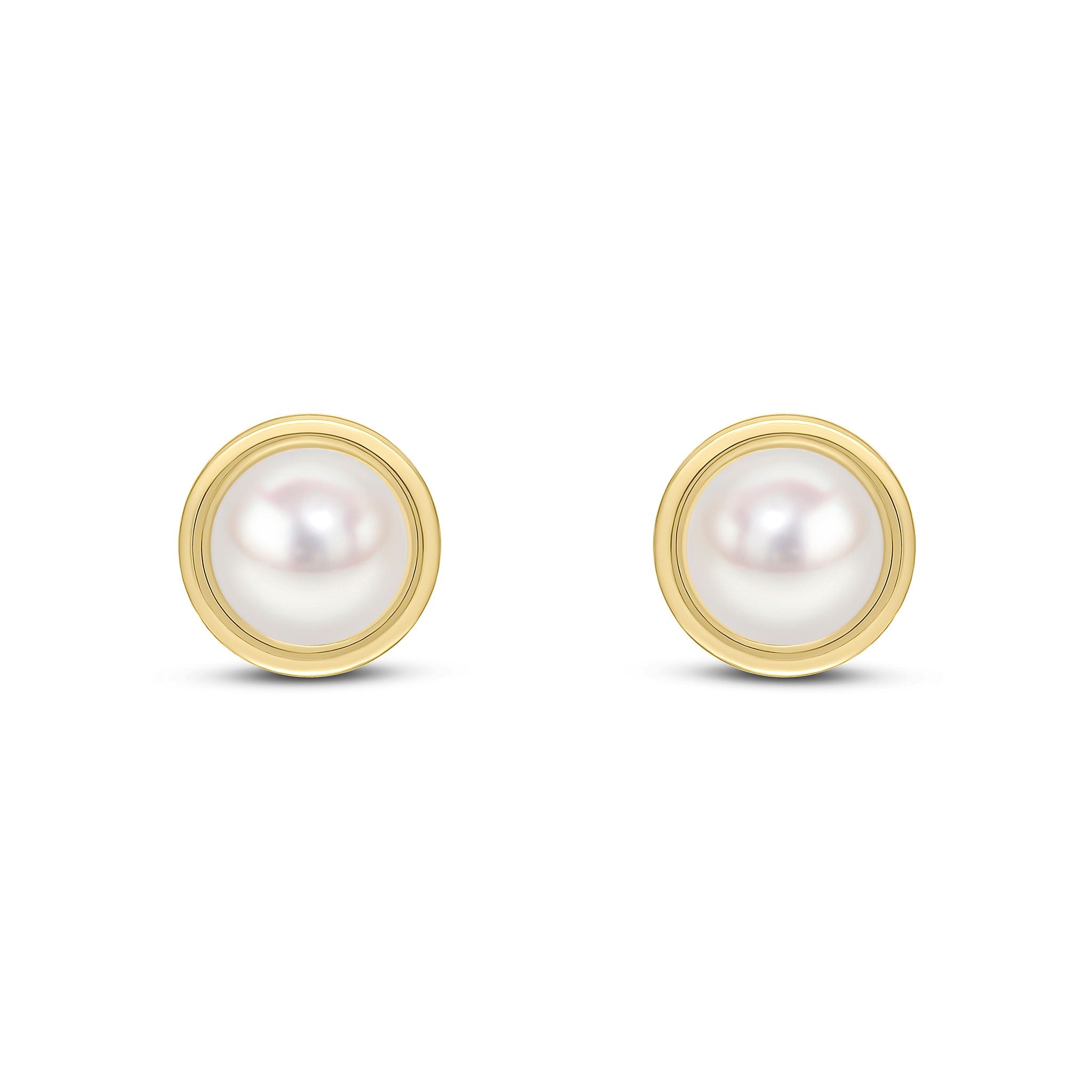 9CT YG 7.5MM BUTTON FRESHWATER PEARL STUD EARRINGS WITH FLAT POLISHED BORDER