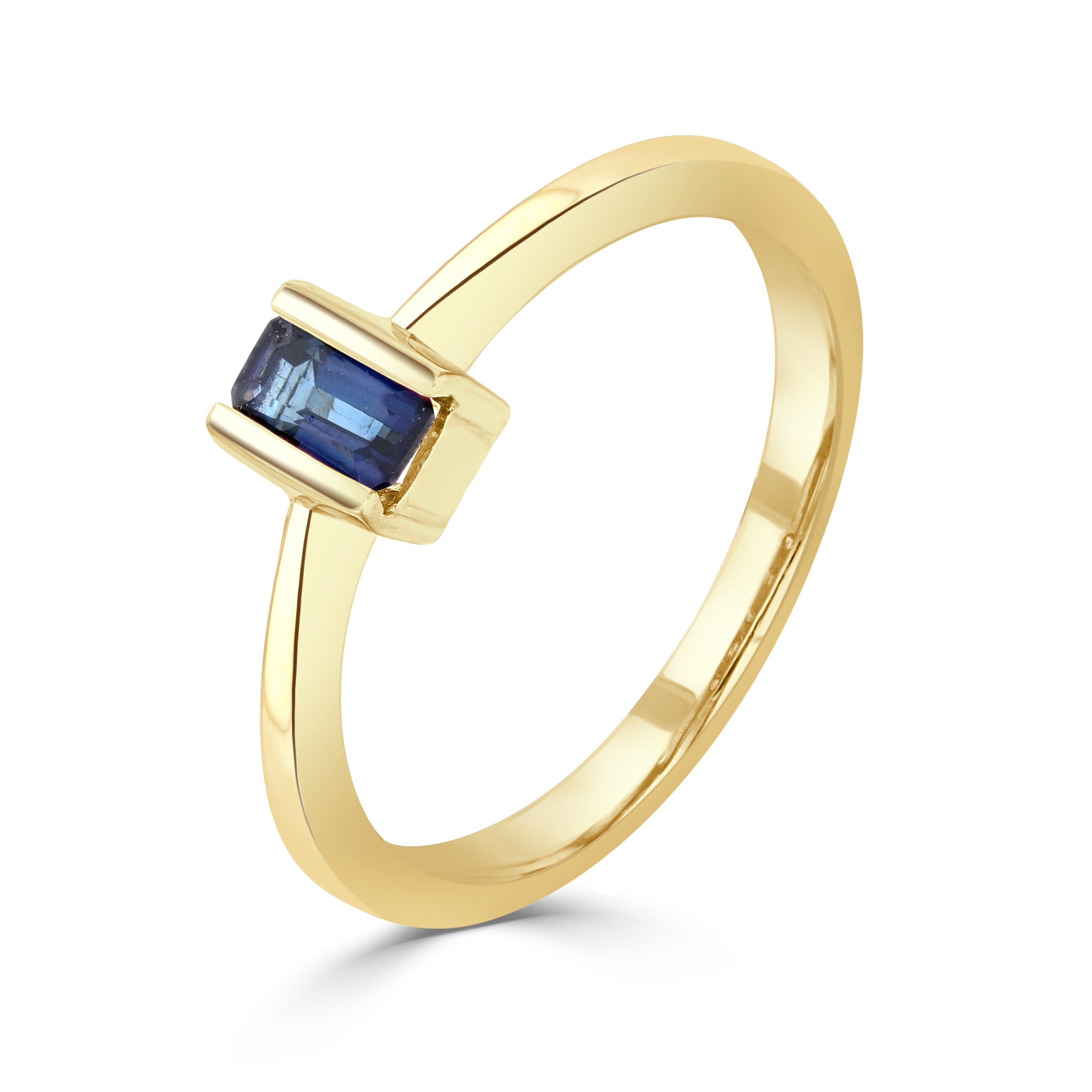 9CT YG 5X3MM OCTAGON SAPPHIRE BAR SET SINGLE STONE RING