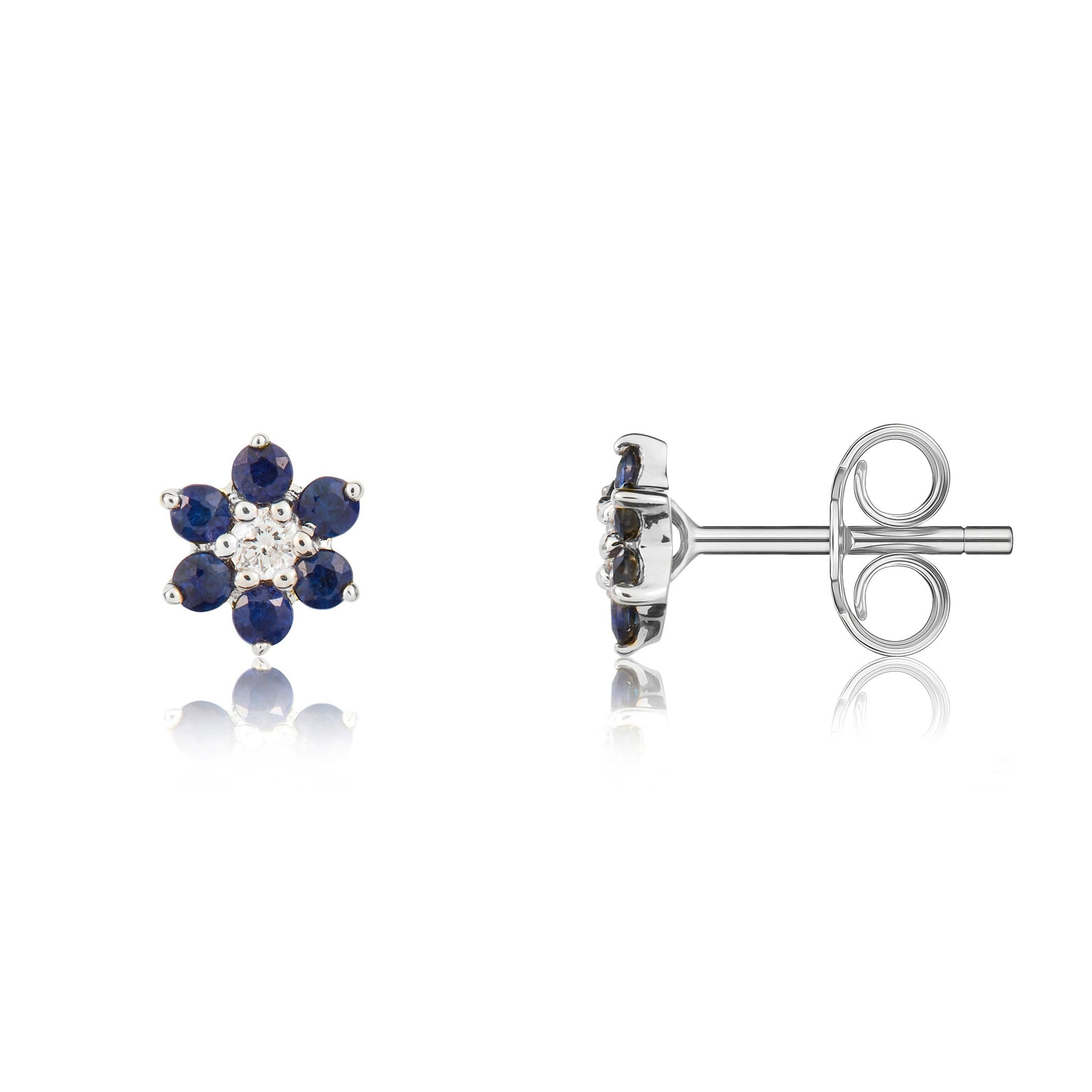 9CT WG ROUND SAPPHIRE AND DIAMOND CLAW SET REVERSE CLUSTER EARRINGS