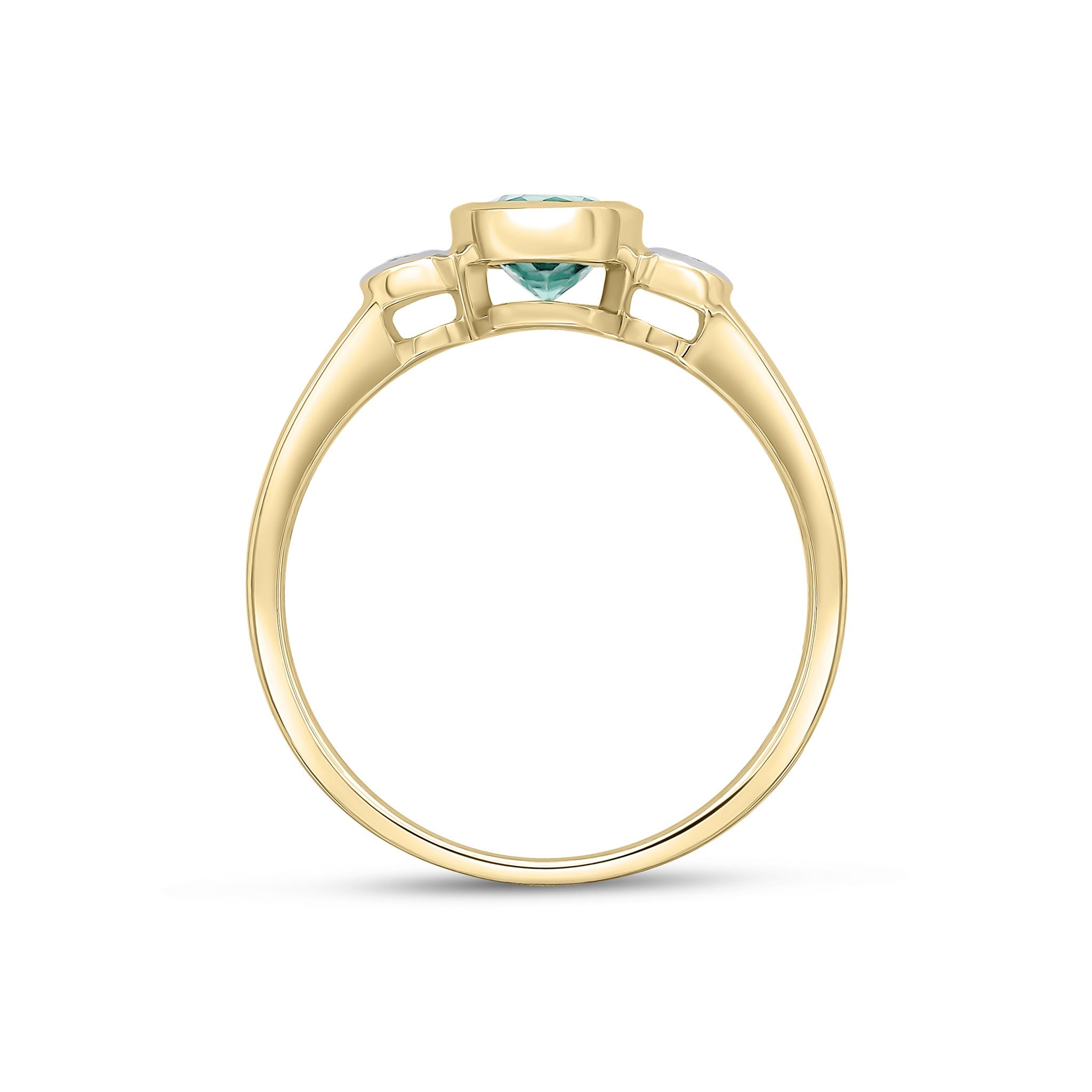 9CT YG 5MM ROUND GREEN TOURMALINE AND DIAMOND RUBOVER 3ST RING. RHODIUM TO DIAMONDS