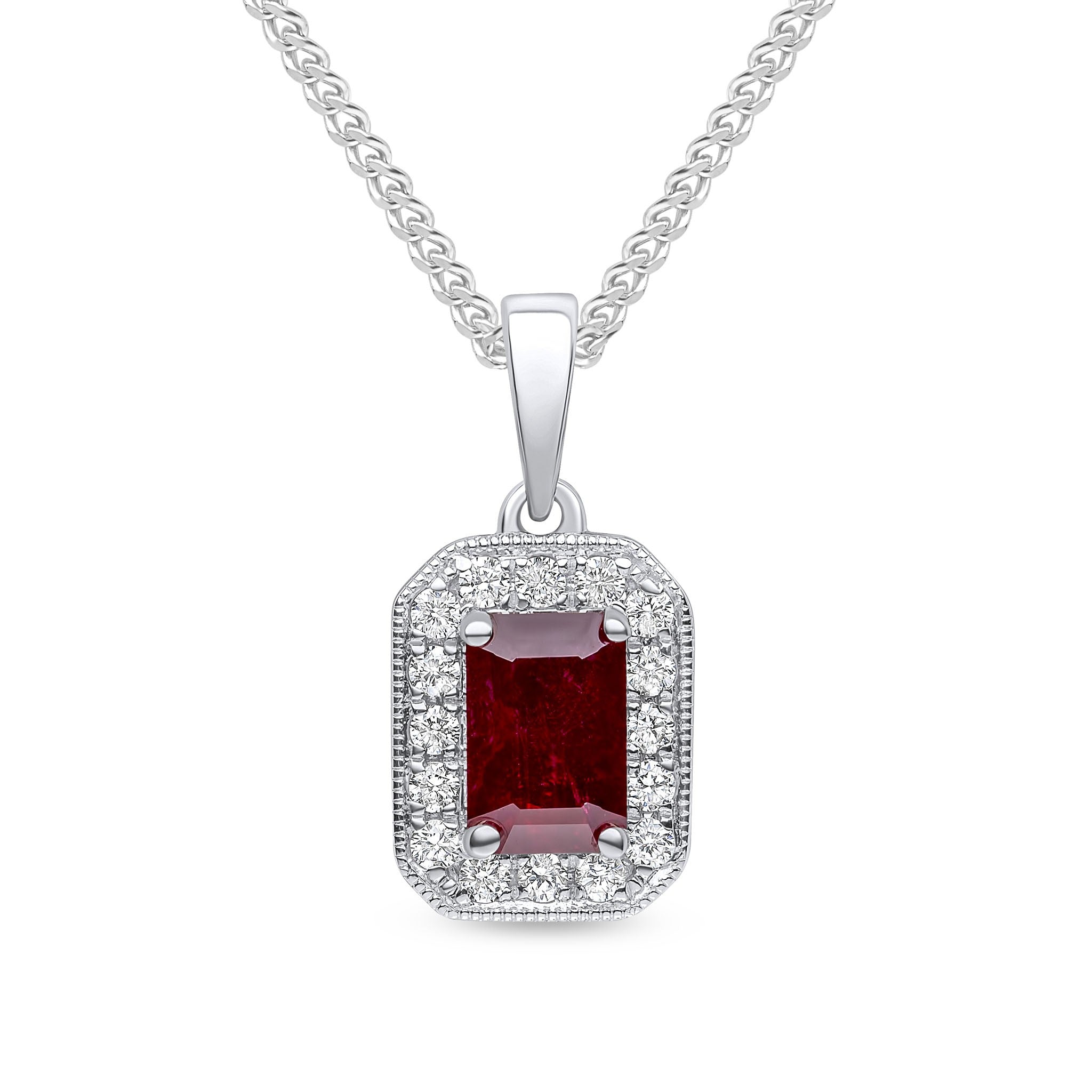 18CT WG 6X4 CLAW SET OCTAGON RUBY & MILLEGRAIN SET ROUND DIAMOND CLUSTER PENDANT WITH PLAIN LOOP TOP