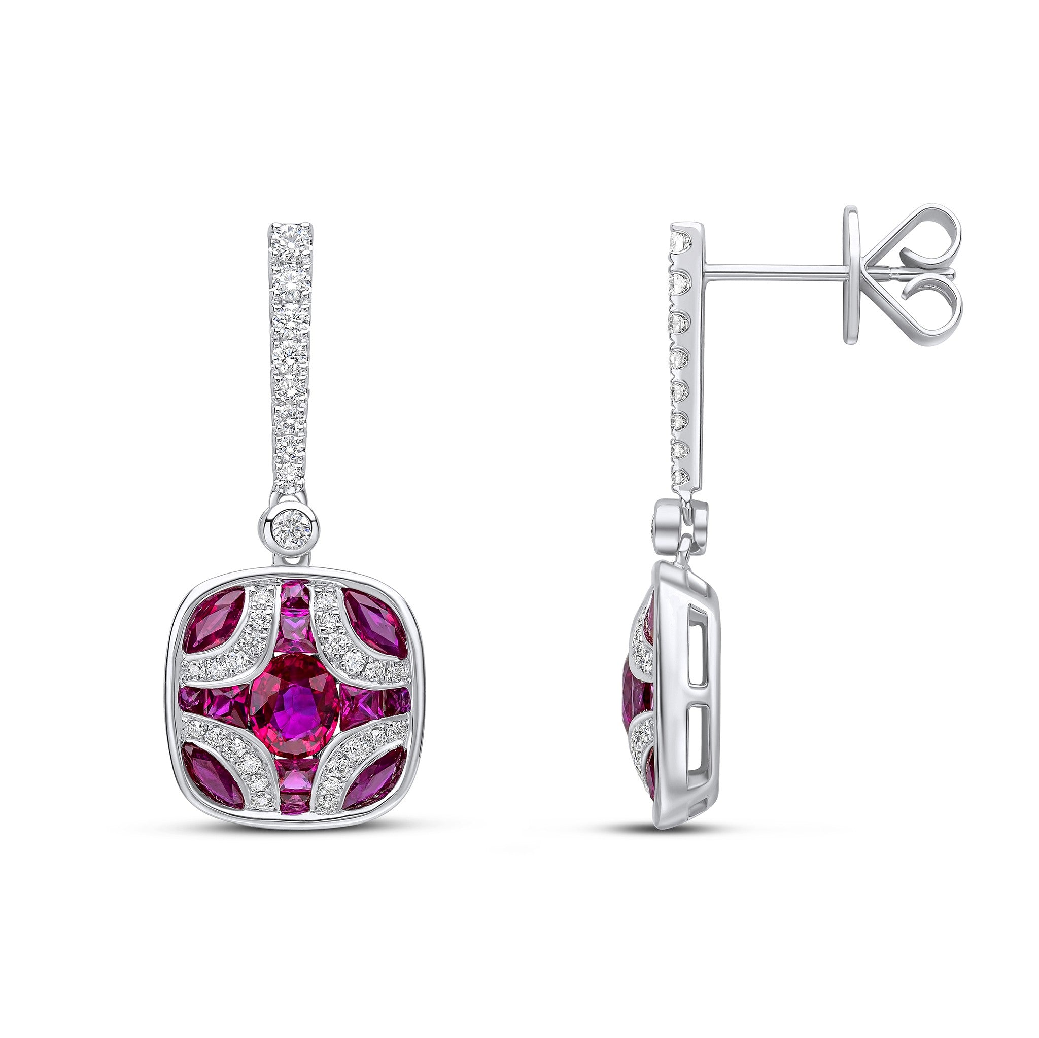 18CT WG RUBY AND DIAMOND SHIELD & DIAMOND LINE TOP DROP EARRINGS