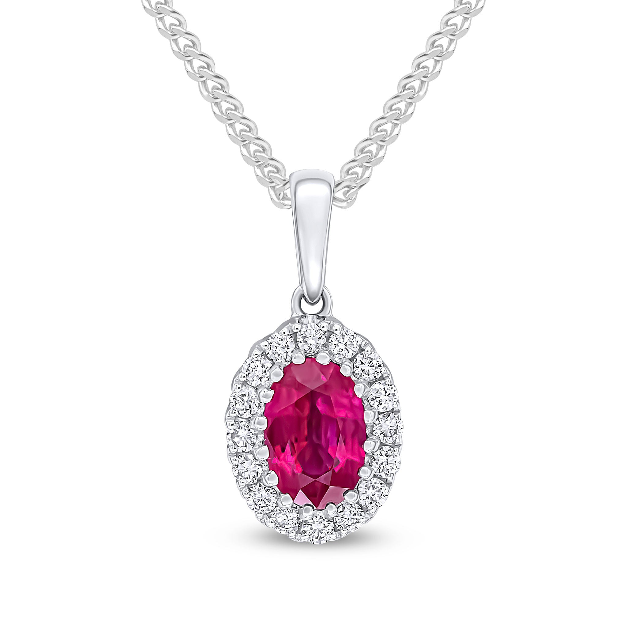 18CT WG 6X4 OVAL RUBY AND ROUND DIAMOND CLAW SET CLUSTER PENDANT WITH PLAIN LOOP TOP