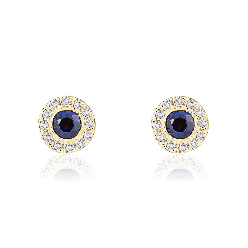 18CT YG 3MM ROUND SAPPHIRE AND DIAMOND MICROSET CLUSTER EARRINGS