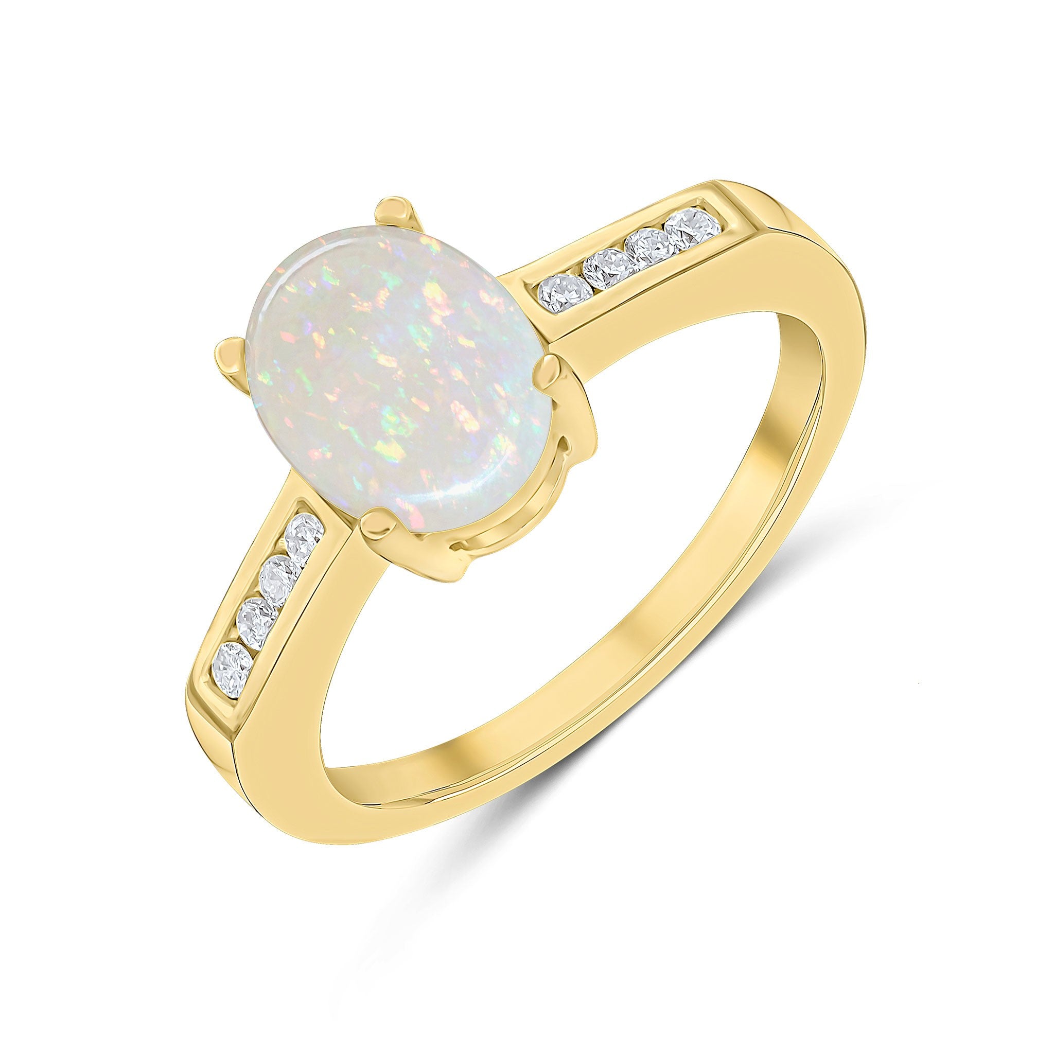 9CT YG 9X7MM CLAW SET OVAL OPAL SINGLE STONE RING WITH CHANNEL SET DIAMOND SHOULDERS
