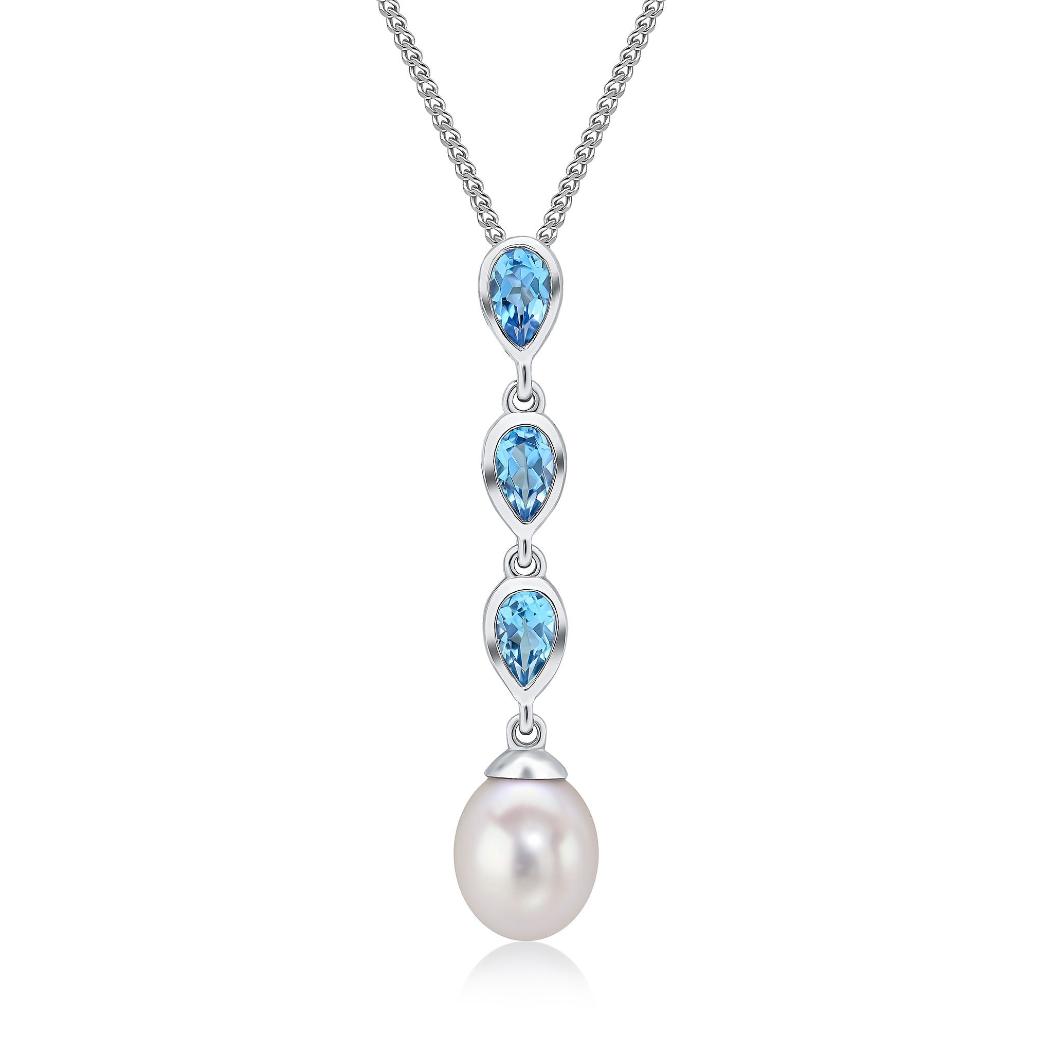 9CT WG PEARL & TRIPLE PEARSHAPE SWISS BLUE TOPAZ DROP PENDANT