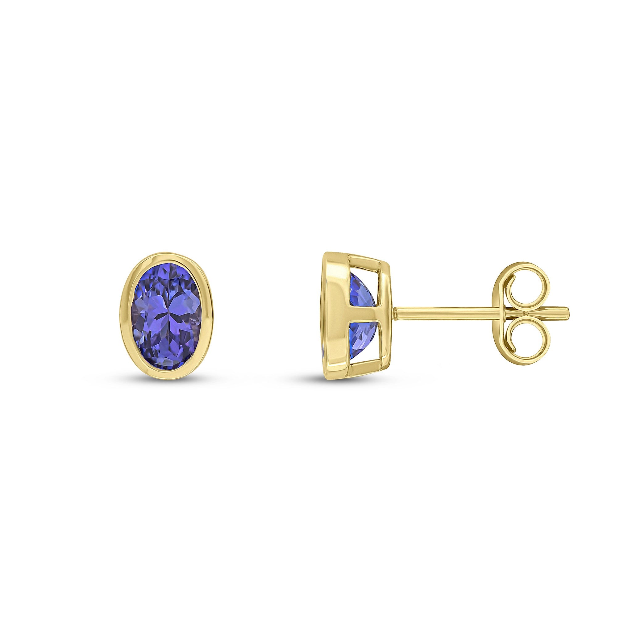 9CT YG 6X4 OVAL TANZANITE RUBOVER STUD EARRINGS