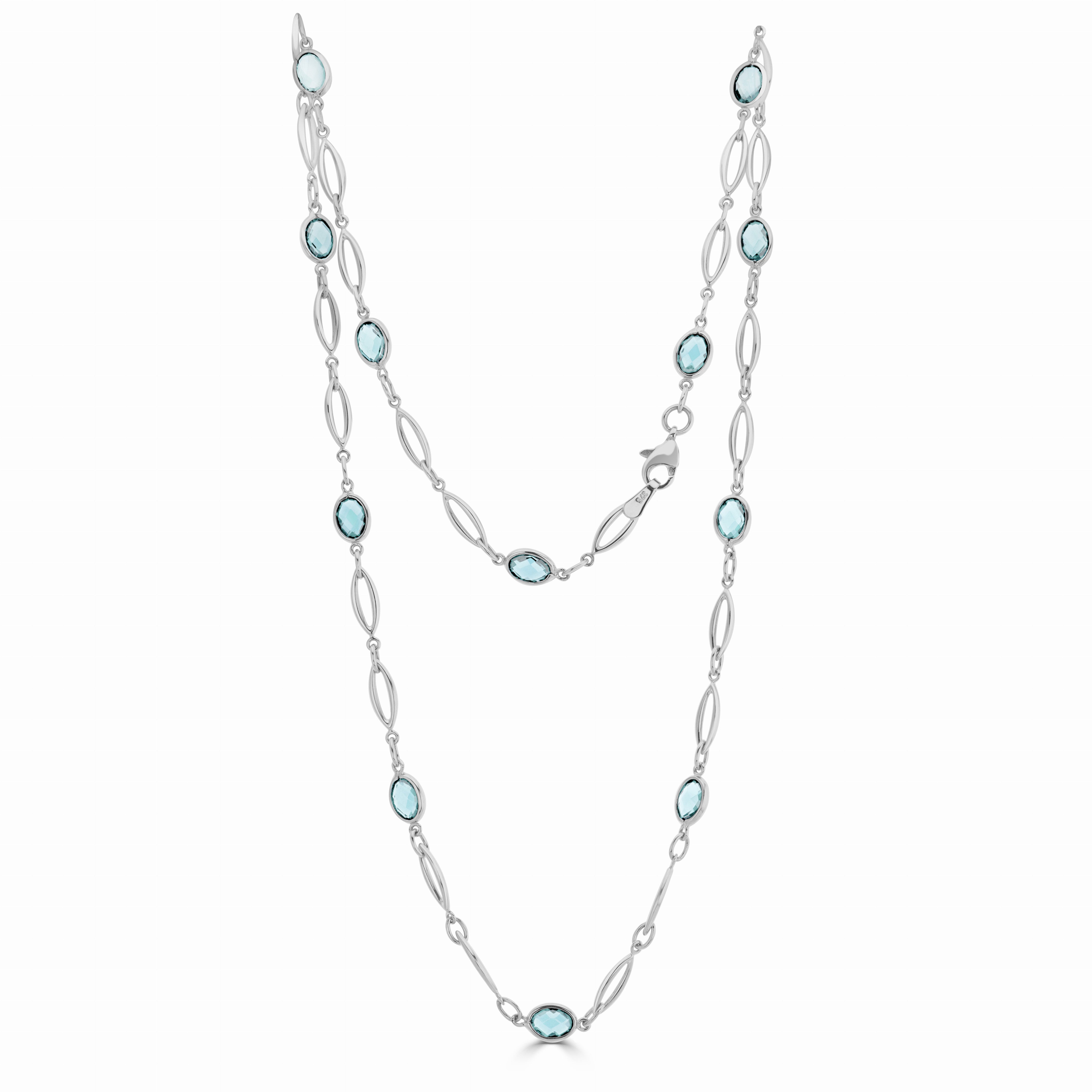 9CT WHITE GOLD SPEC SET OVAL BLUE TOPAZ & GOLD OPEN MARQUISE MOTIFS NECKLACE