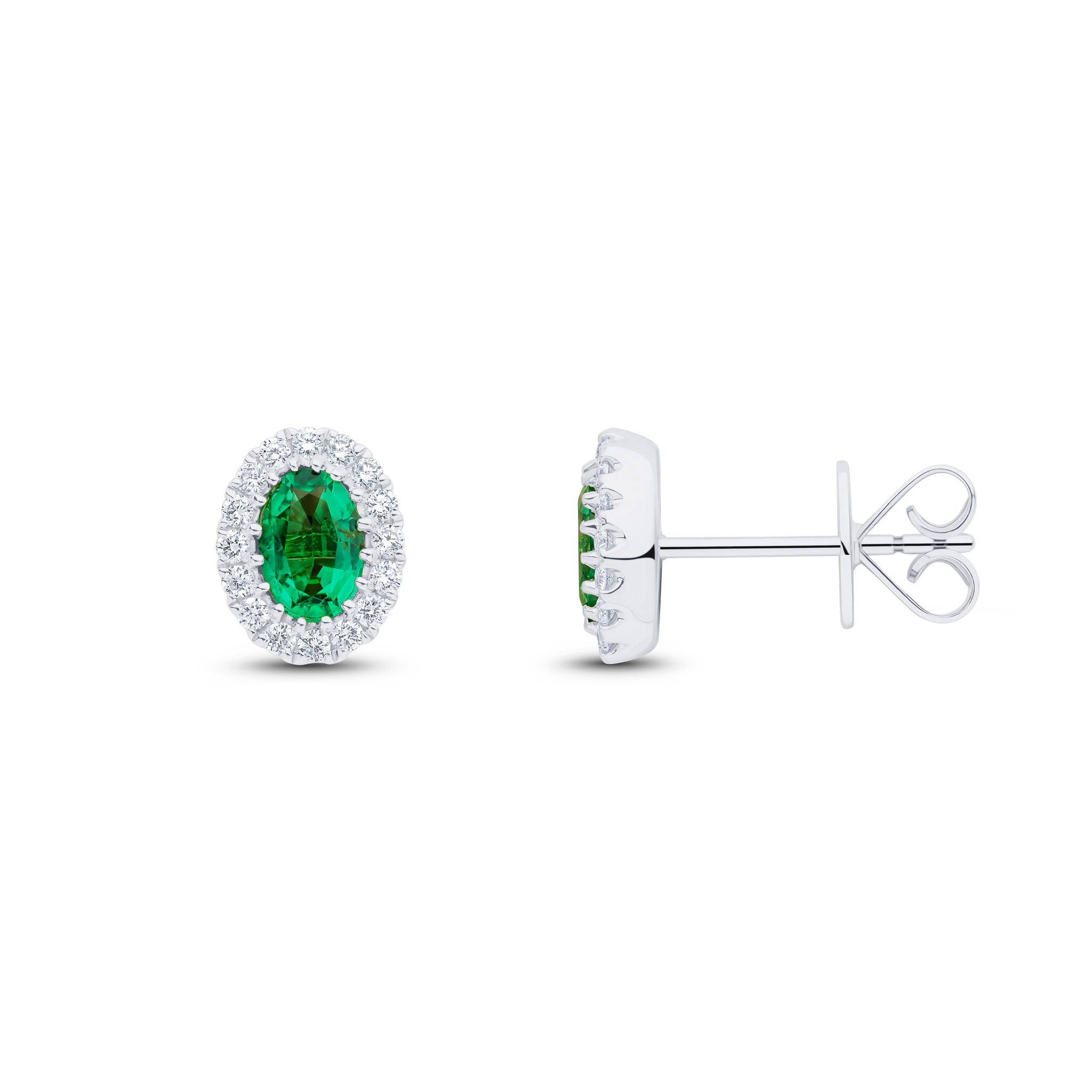 18CT WG 6X4 OVAL EMERALD AND ROUND DIAMOND CLAW SET CLUSTER EARRINGS