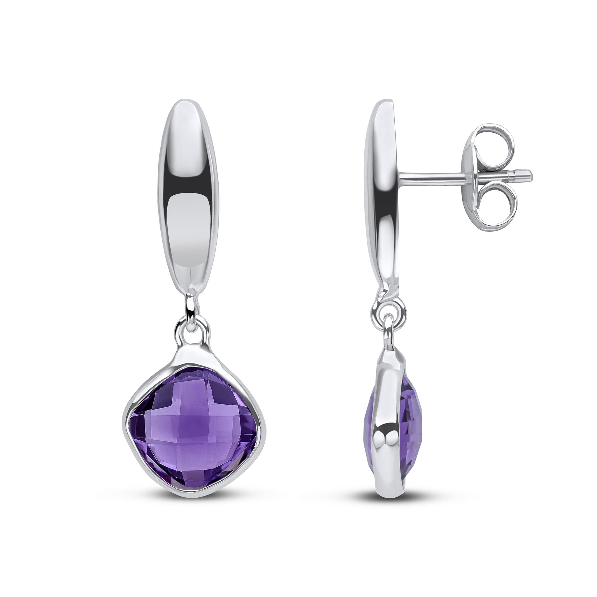 9CT WG CHECKERBOARD CUSHION AMETHYST AND POLISHED TORPEDO TOP DROP EARRINGS