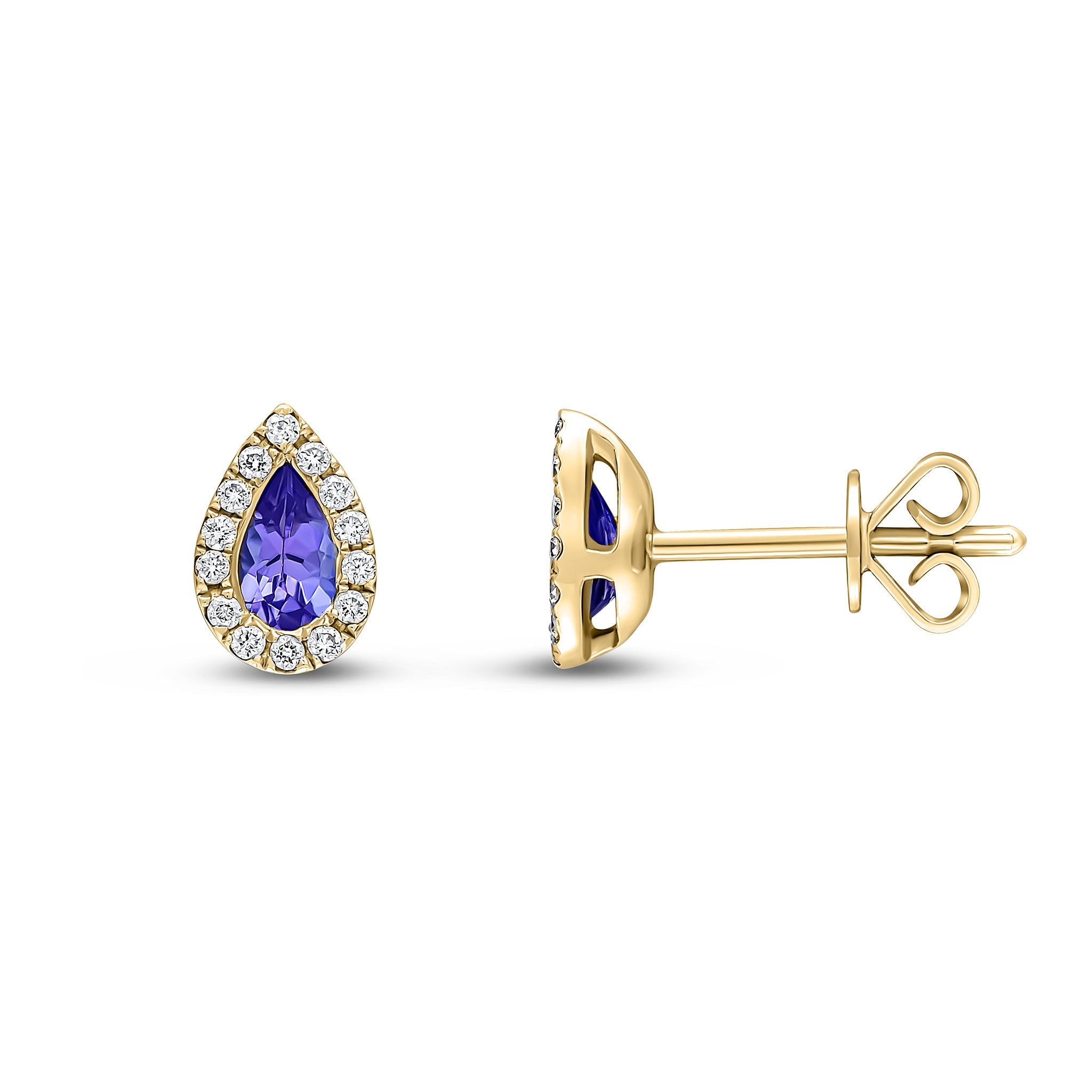18CT YG 5X3 PEARSHAPE TANZANITE & DIAMOND MICROSET CLUSTER EARRINGS