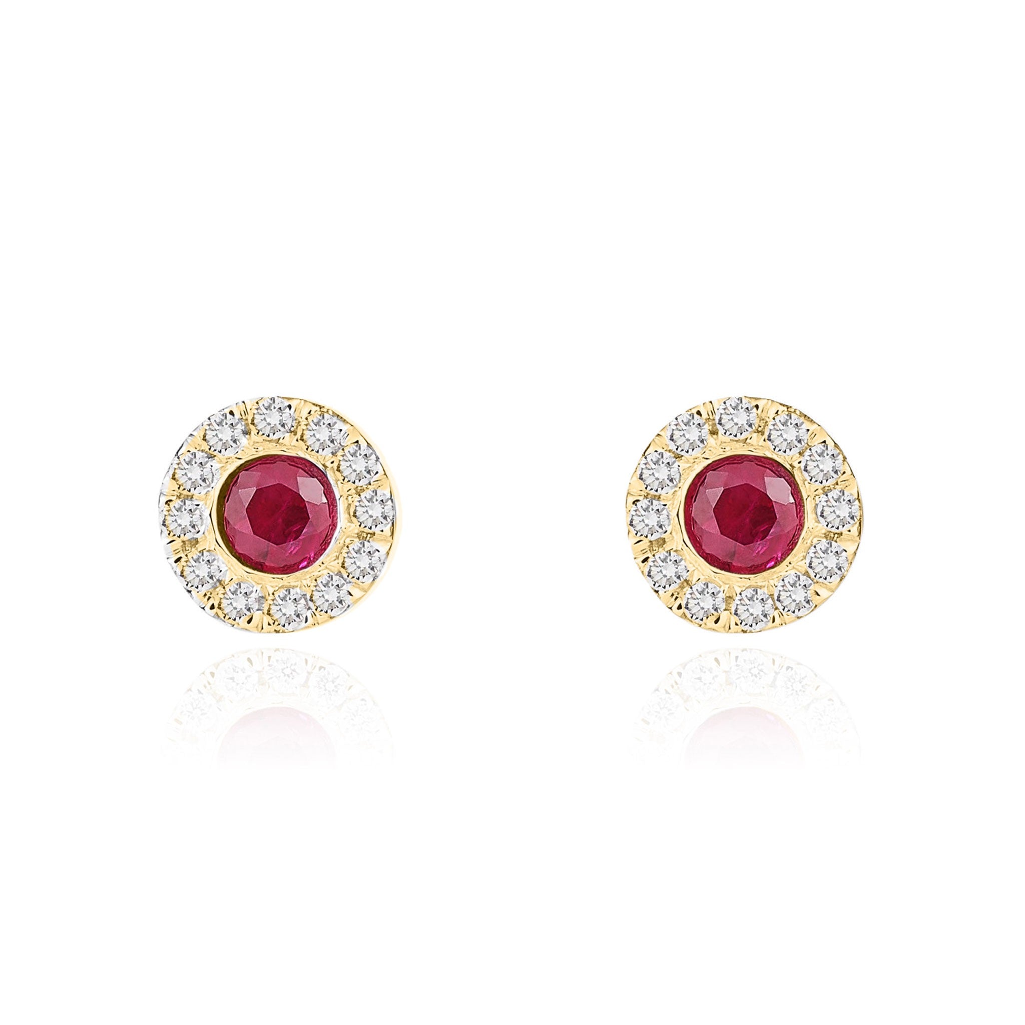 18CT YG 3MM ROUND RUBY AND DIAMOND MICROSET CLUSTER EARRINGS