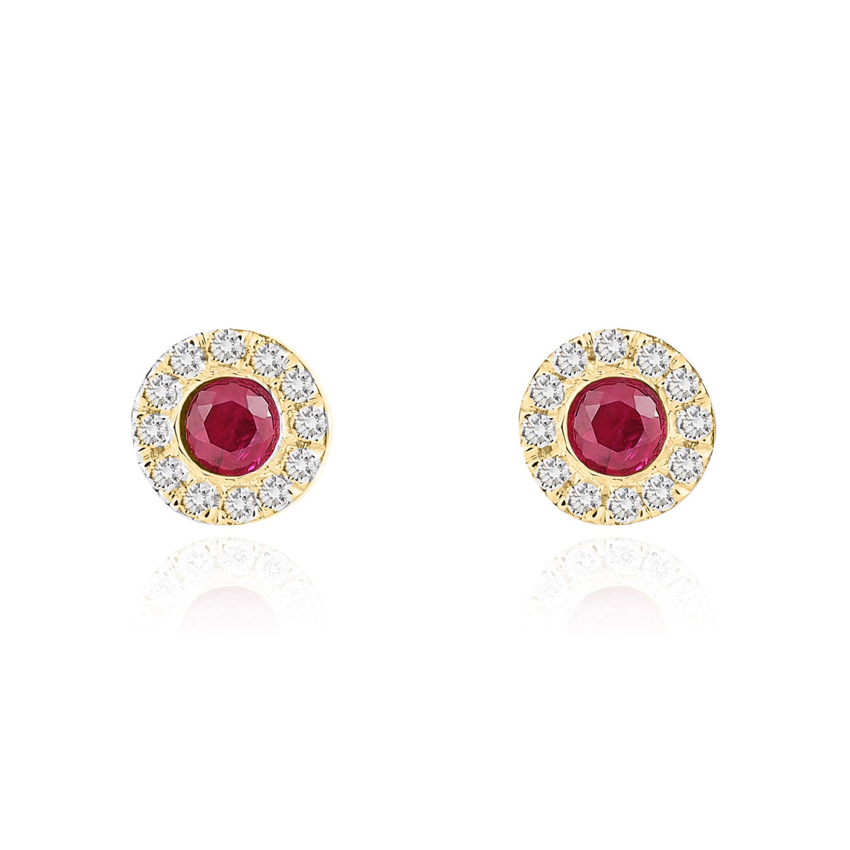 18CT YG 3MM ROUND RUBY AND DIAMOND MICROSET CLUSTER EARRINGS